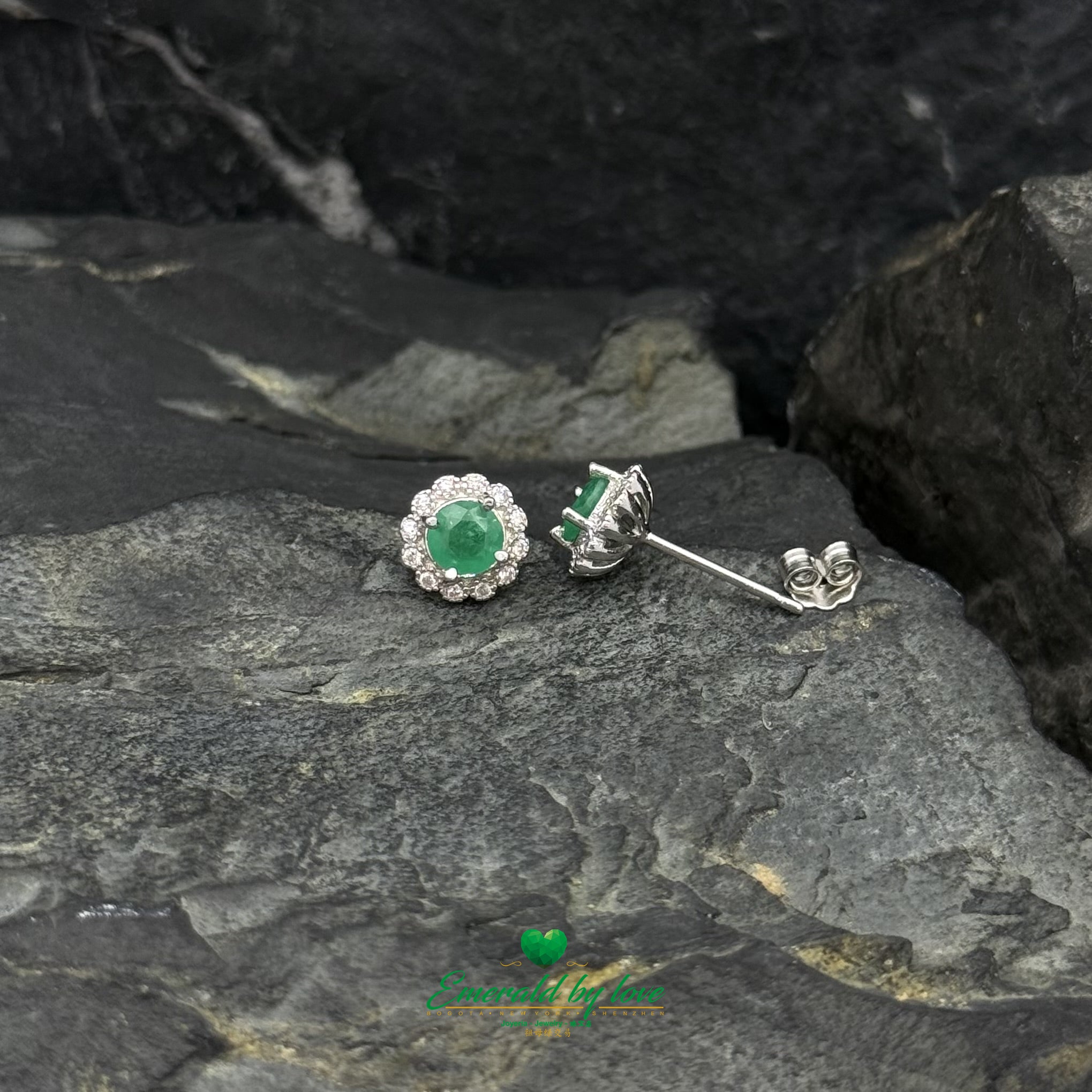 Sterling Silver Flower Earrings with Round Colombian Emerald Centers