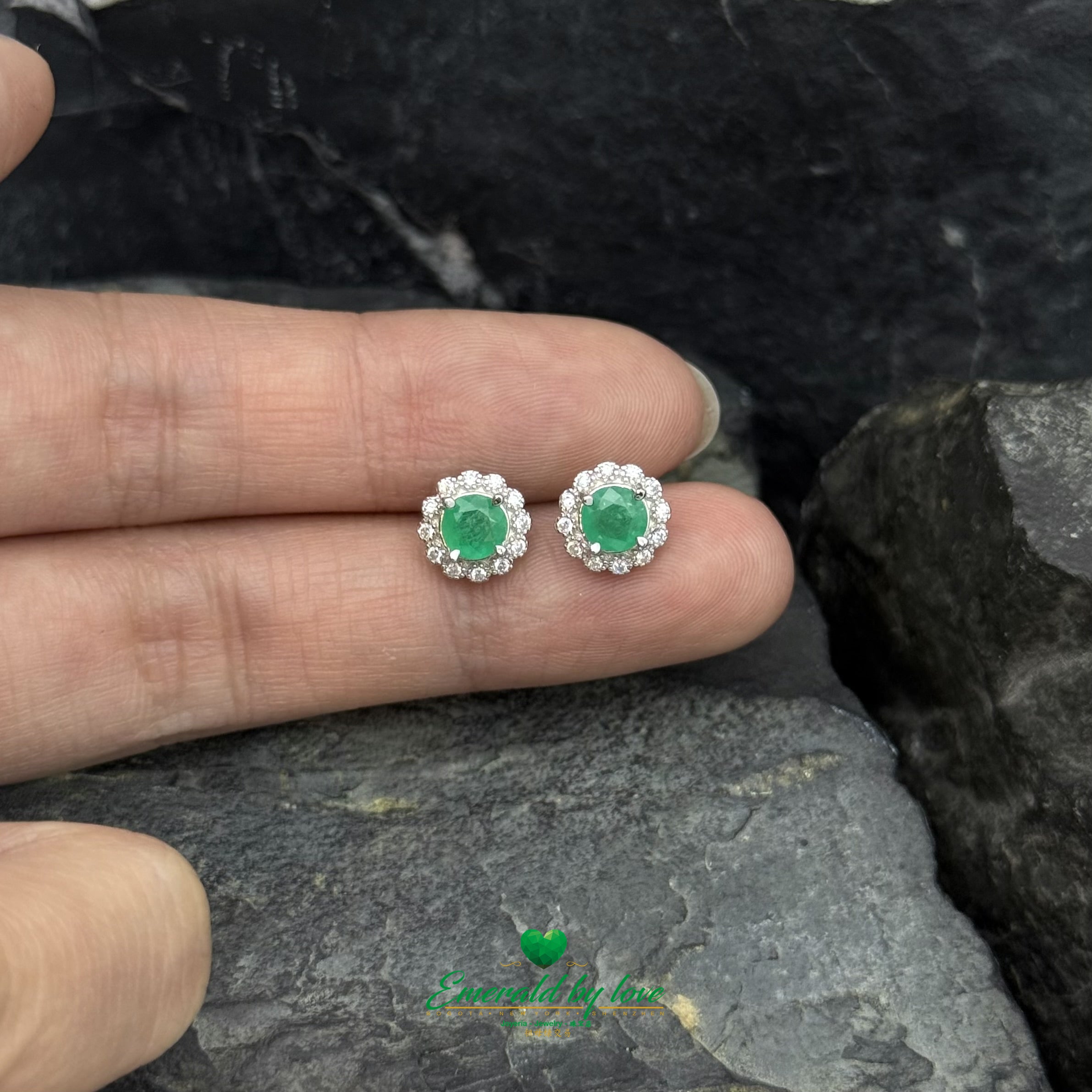 Sterling Silver Flower Earrings with Round Colombian Emerald Centers