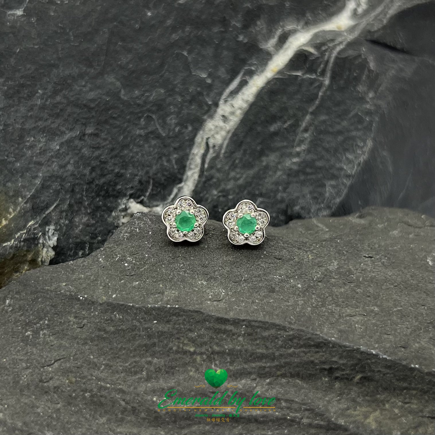 Tiny Floral Sterling Silver Earrings with Round Crystal Central Emerald