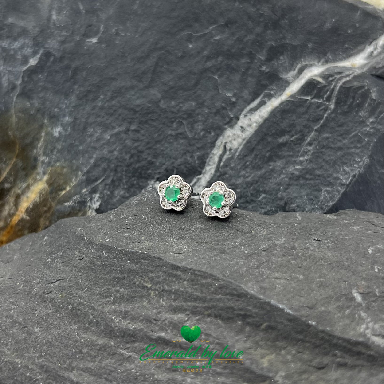 Tiny Floral Sterling Silver Earrings with Round Crystal Central Emerald