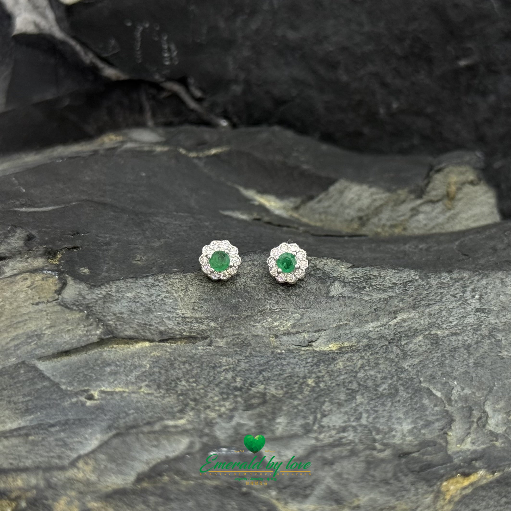 Tiny Colombian Emerald Flower Earrings in 925 Sterling Silver