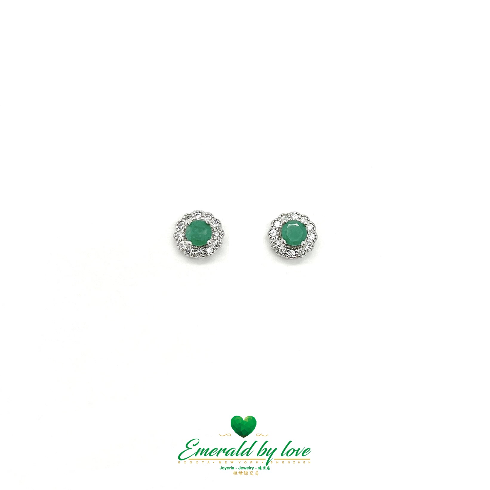 Round Floral Sterling Silver Earrings with Central Emerald