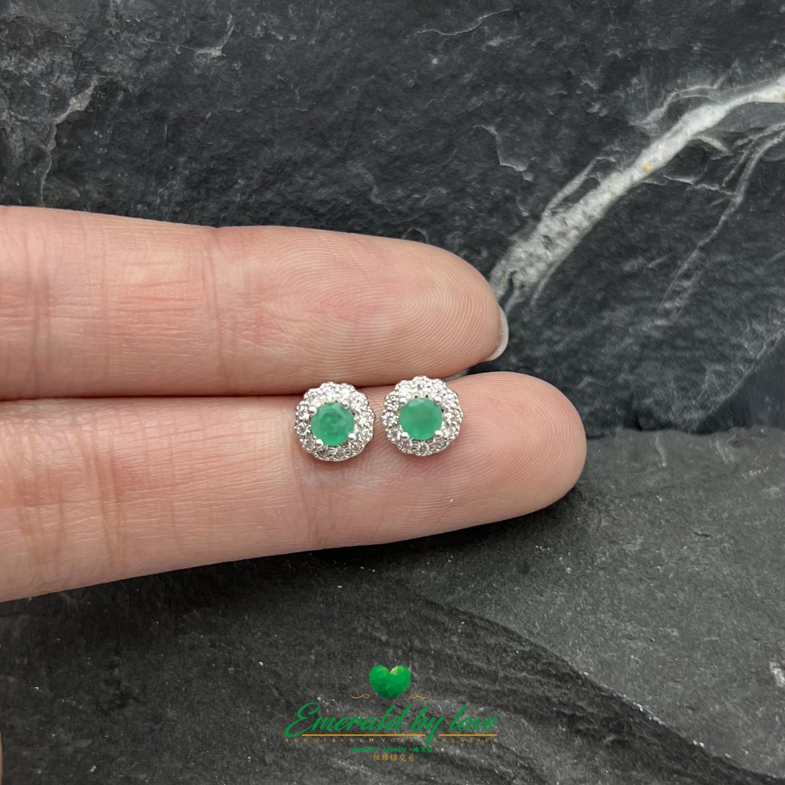 Round Floral Sterling Silver Earrings with Central Emerald