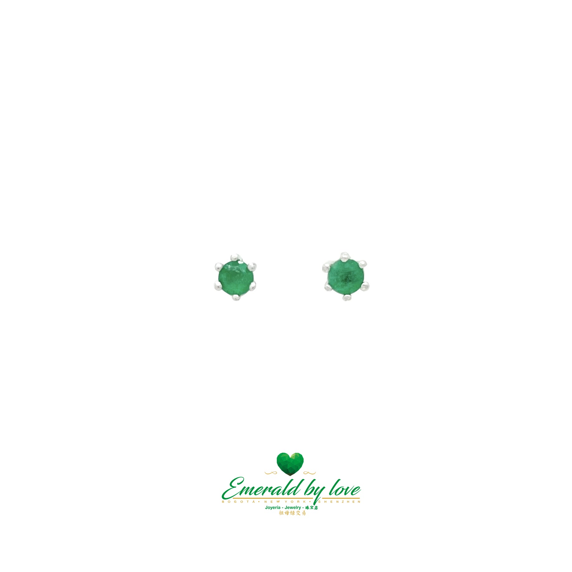 Silver Six-Prong Stud Earrings with Natural Round Colombian Emeralds