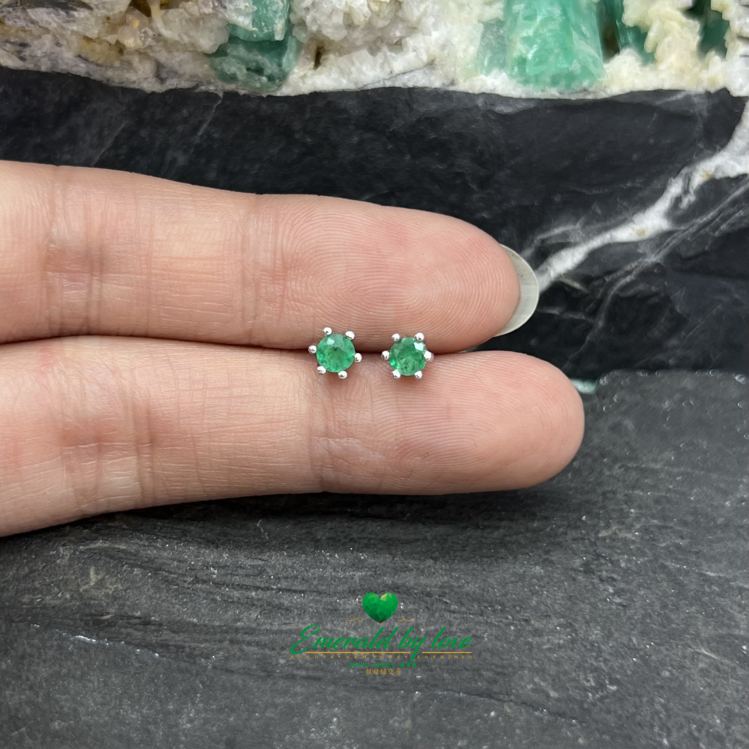 Silver Six-Prong Stud Earrings with Natural Round Colombian Emeralds