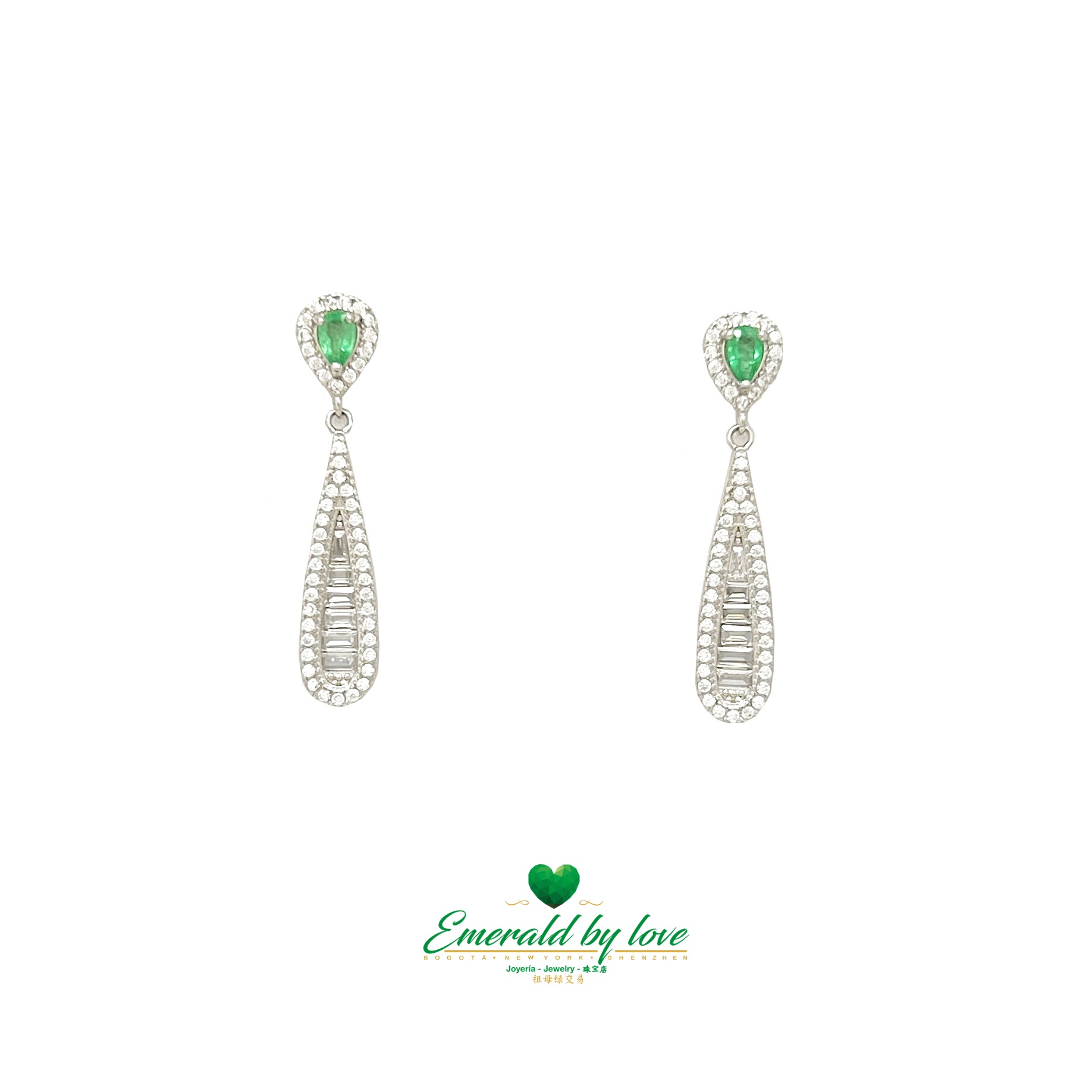 Elegant Elongated Drop Earrings with Stunning Tear-Shaped Emeralds Surrounded