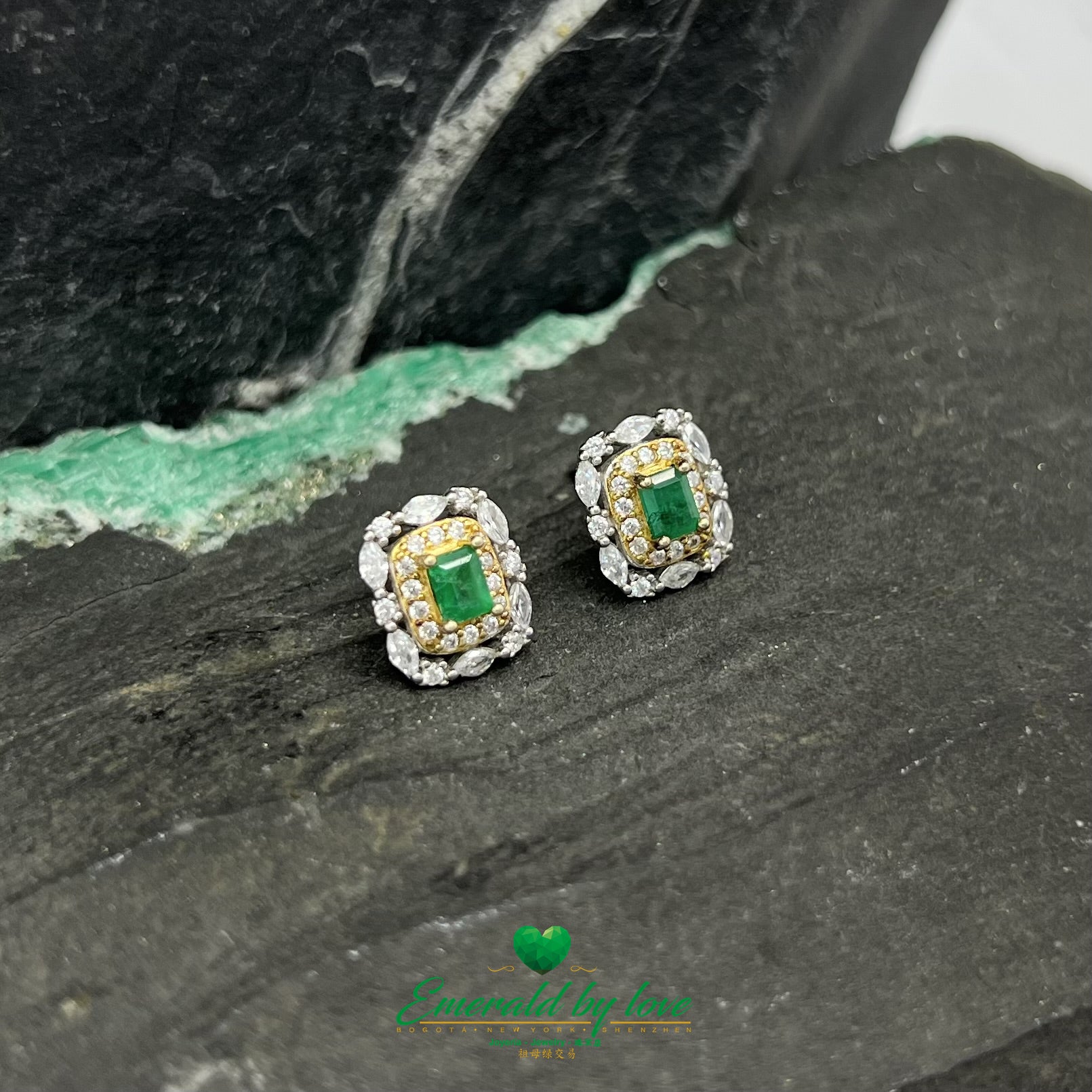 Rectangular Sterling Silver Earrings with Gold Plating and Central Baguette Emerald