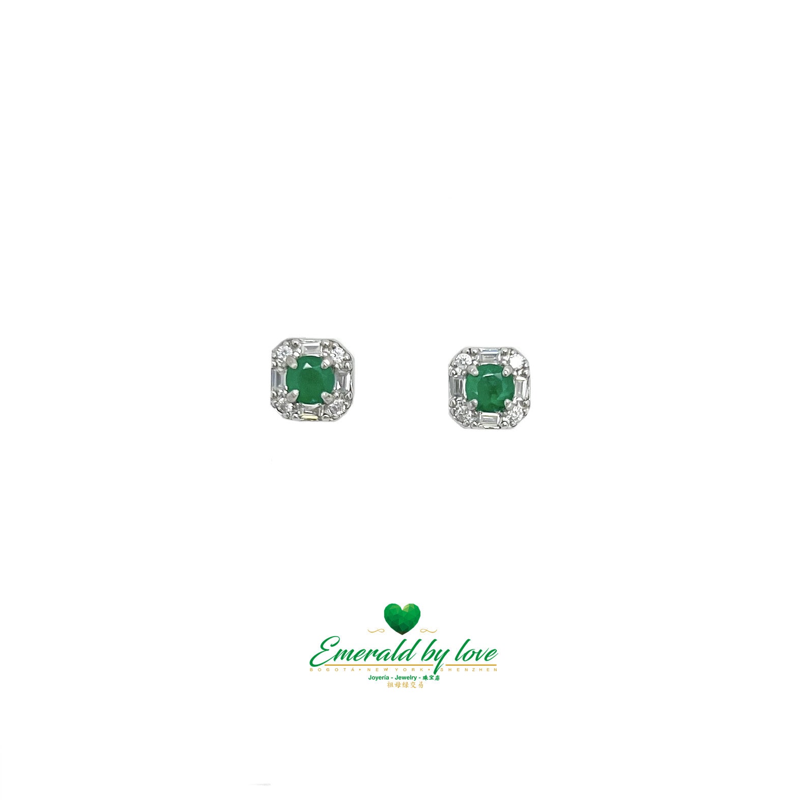 Silver Marquis Earrings with Baguette Zirconia and Round Emerald Center