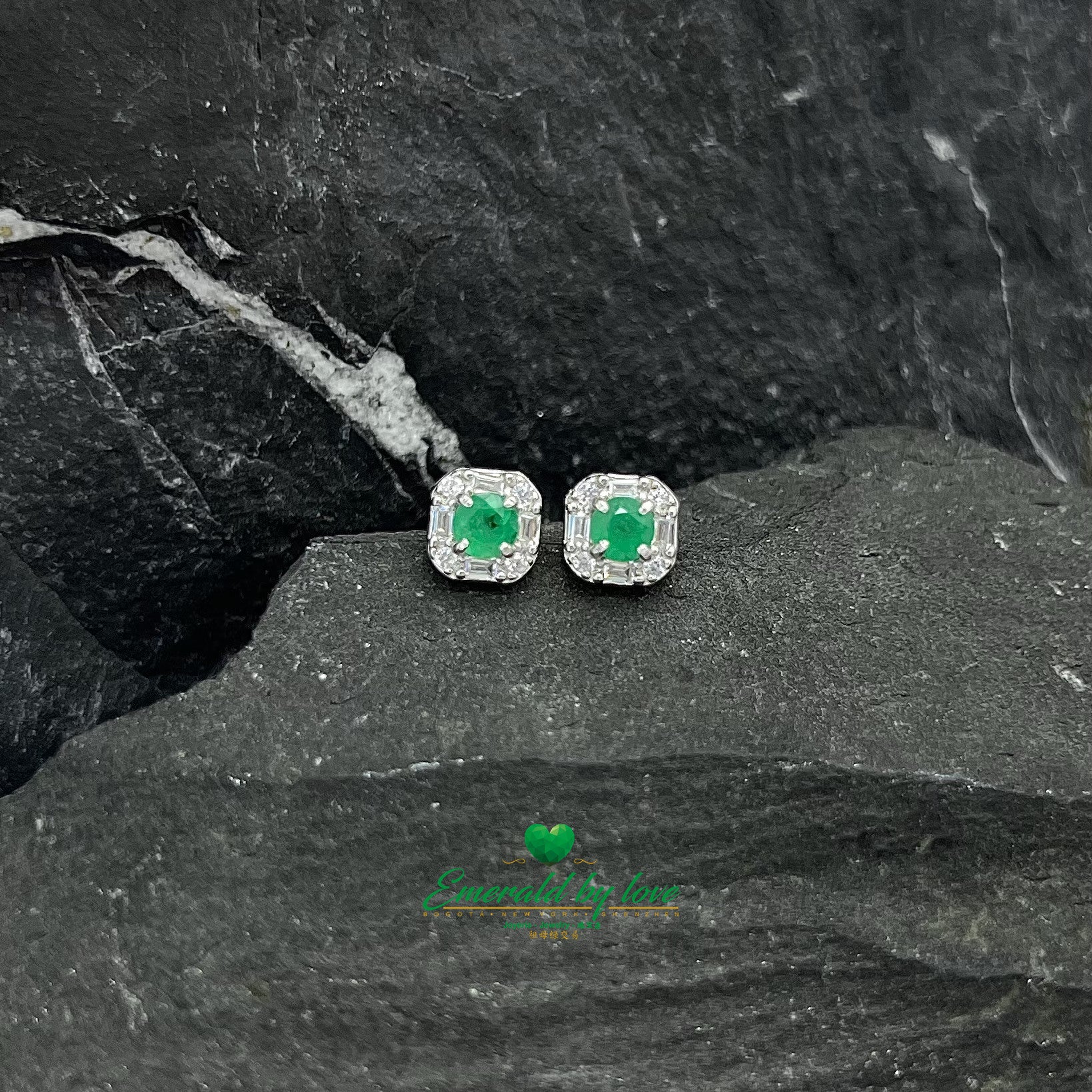 Silver Marquis Earrings with Baguette Zirconia and Round Emerald Center