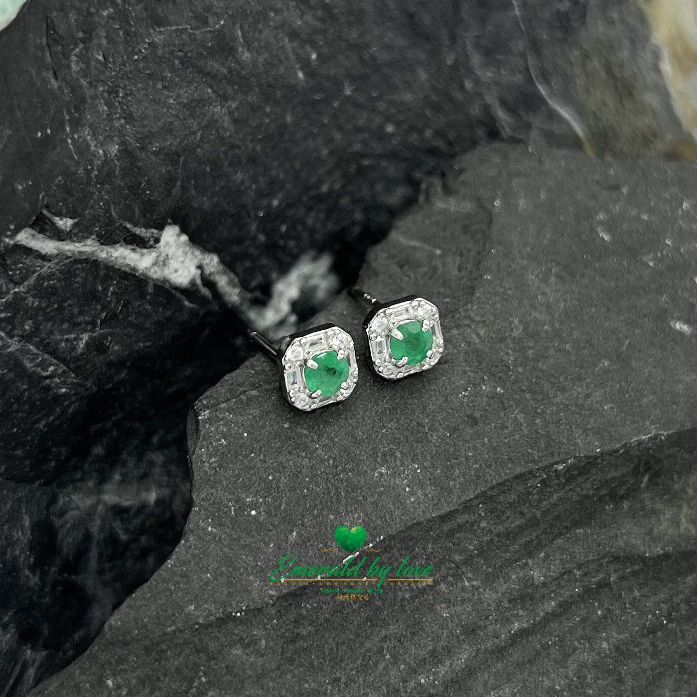 Silver Marquis Earrings with Baguette Zirconia and Round Emerald Center