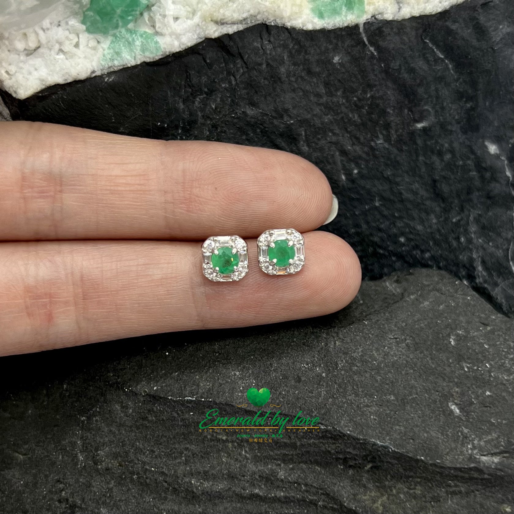 Silver Marquis Earrings with Baguette Zirconia and Round Emerald Center