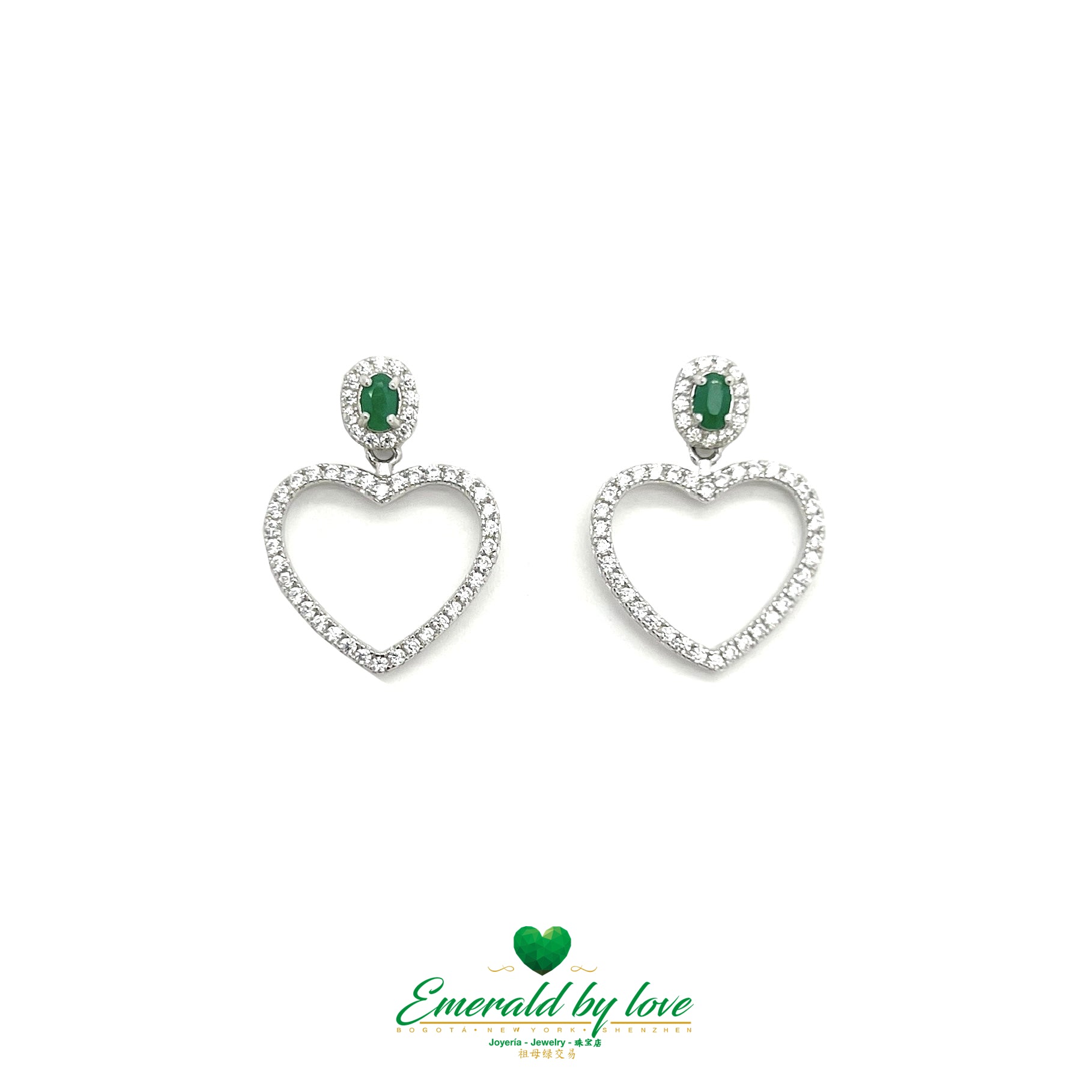 Divine Long Heart-Shaped Sterling Silver Earrings with Central Oval Emerald