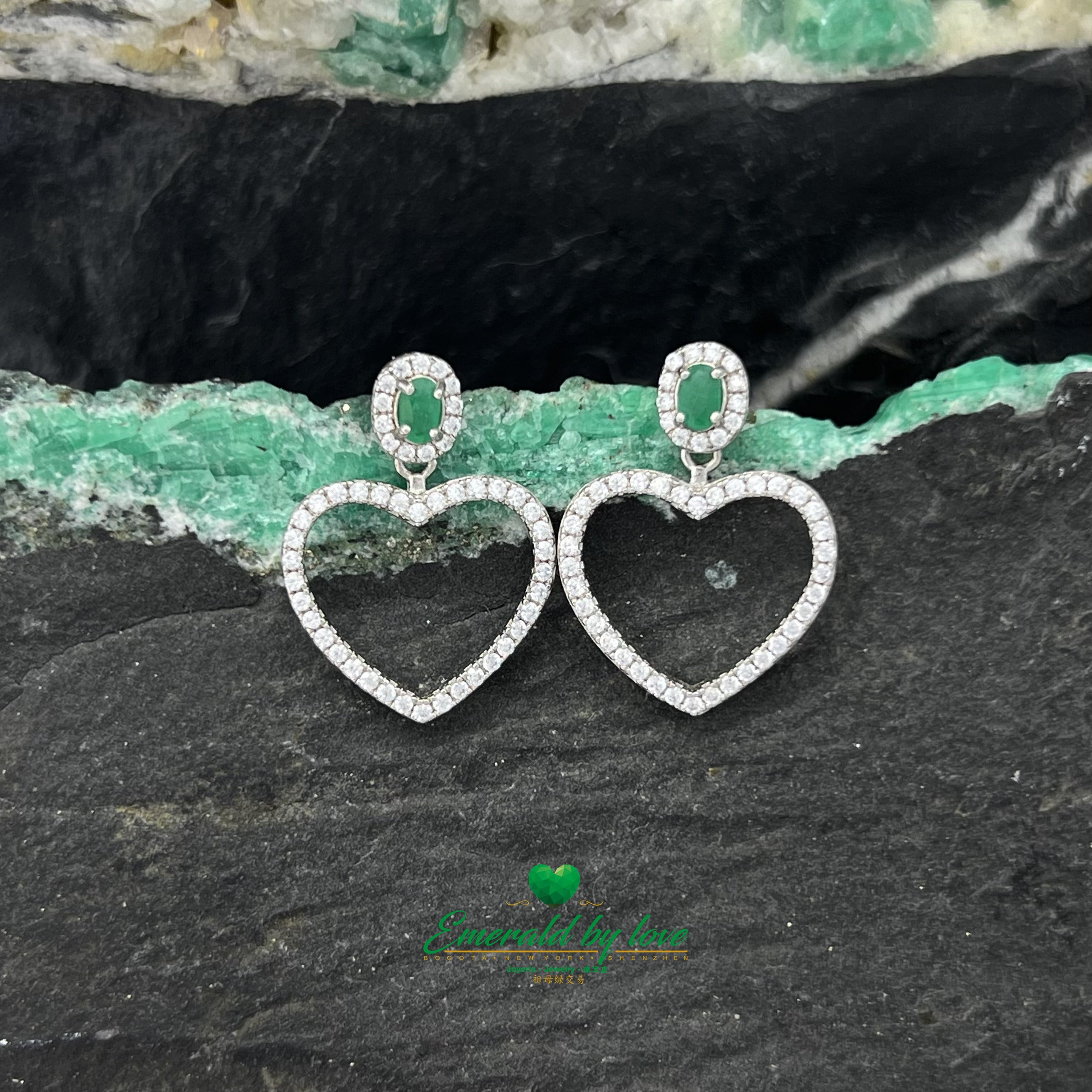 Long Heart Design Earrings with Oval Colombian Emeralds