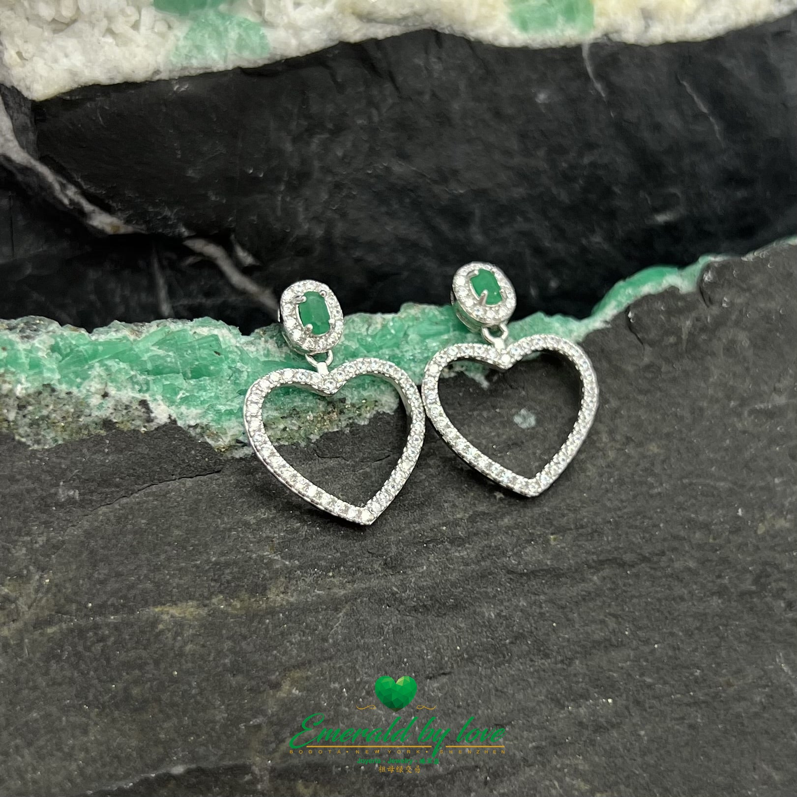 Divine Long Heart-Shaped Sterling Silver Earrings with Central Oval Emerald
