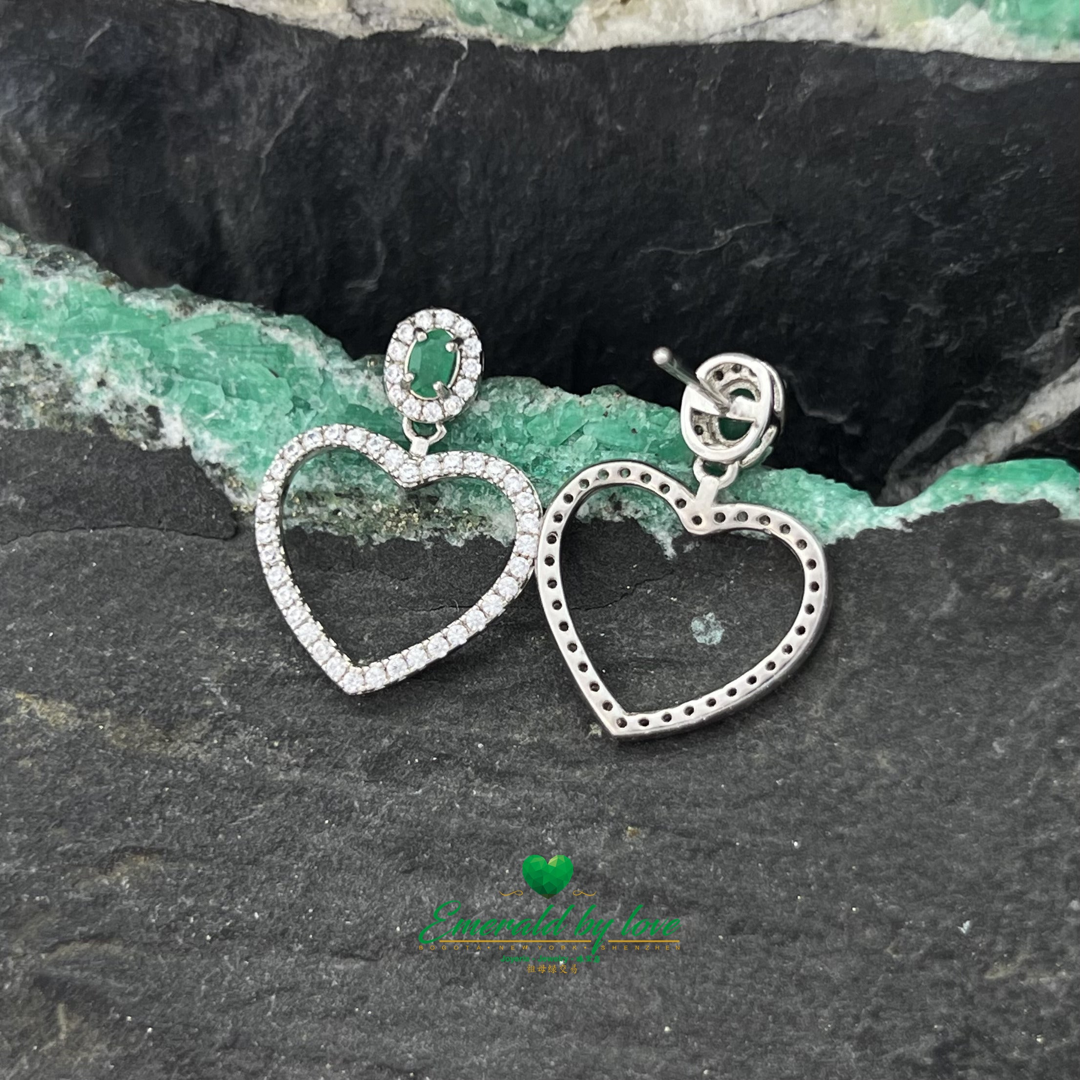 Long Heart Design Earrings with Oval Colombian Emeralds