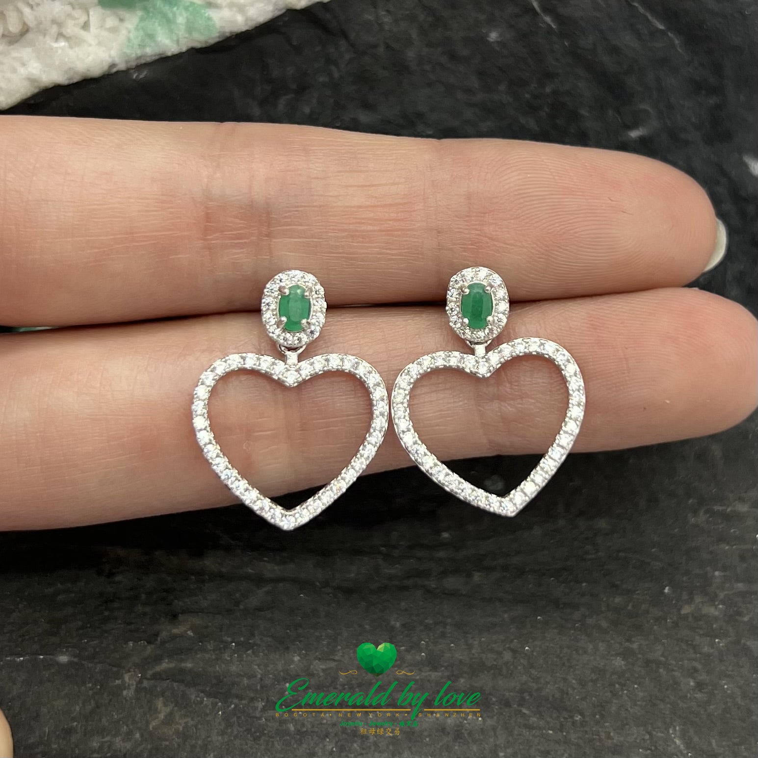 Divine Long Heart-Shaped Sterling Silver Earrings with Central Oval Emerald