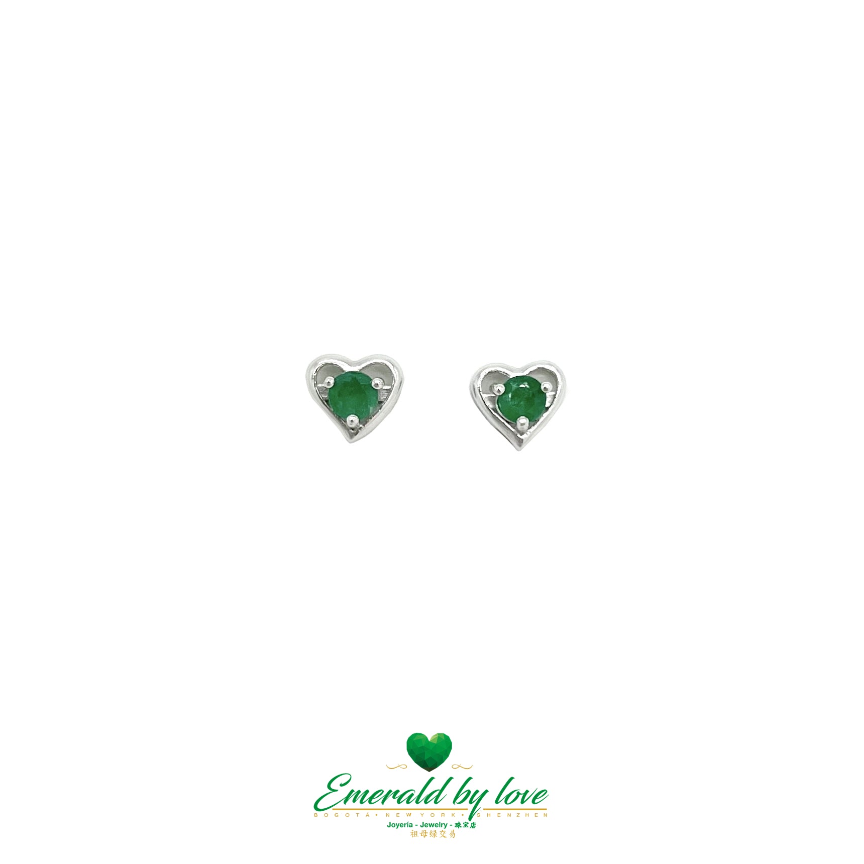 Heart-shaped Stud Earrings with Round Central Emerald