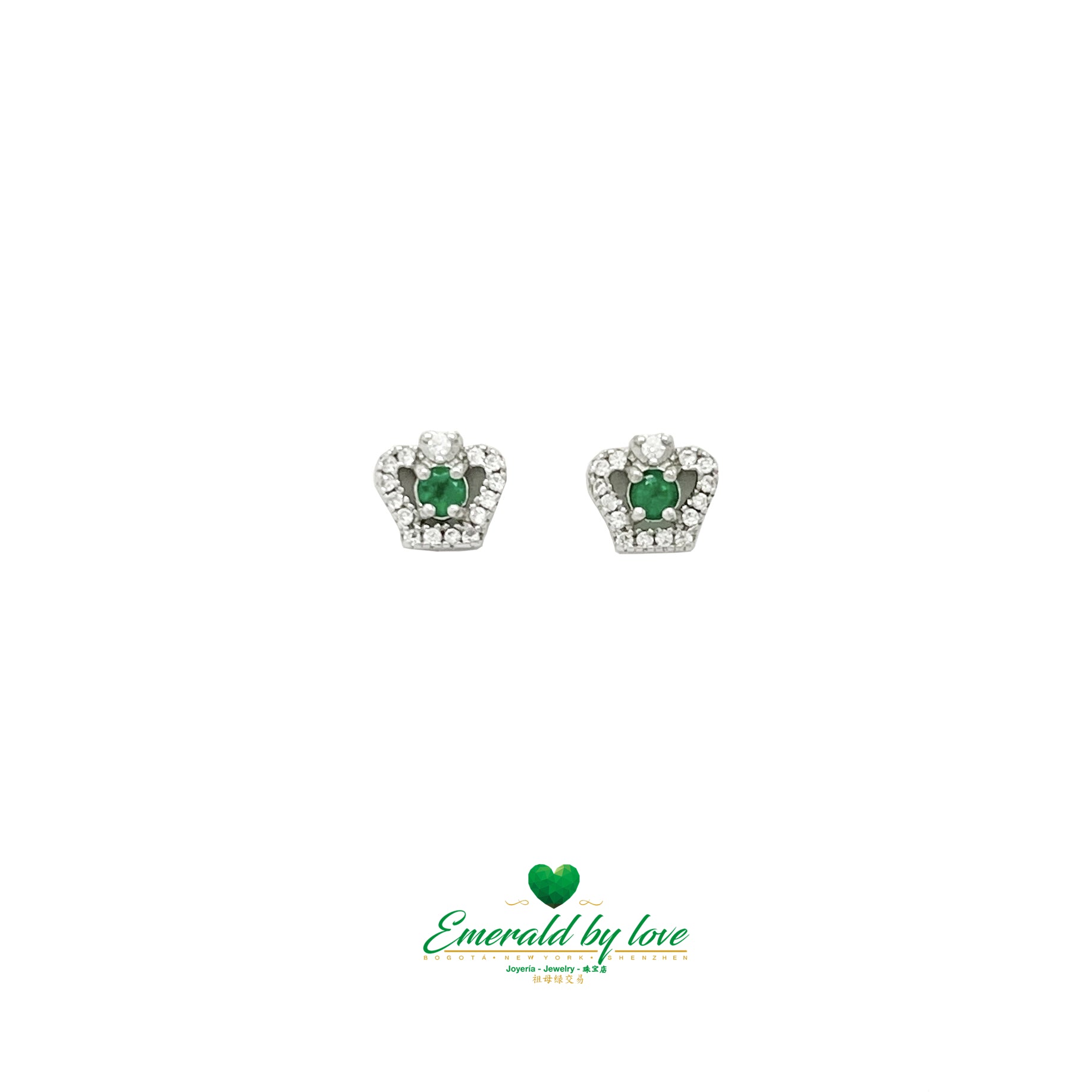 Sterling Silver Crown Earrings with Central Round Colombian Emeralds