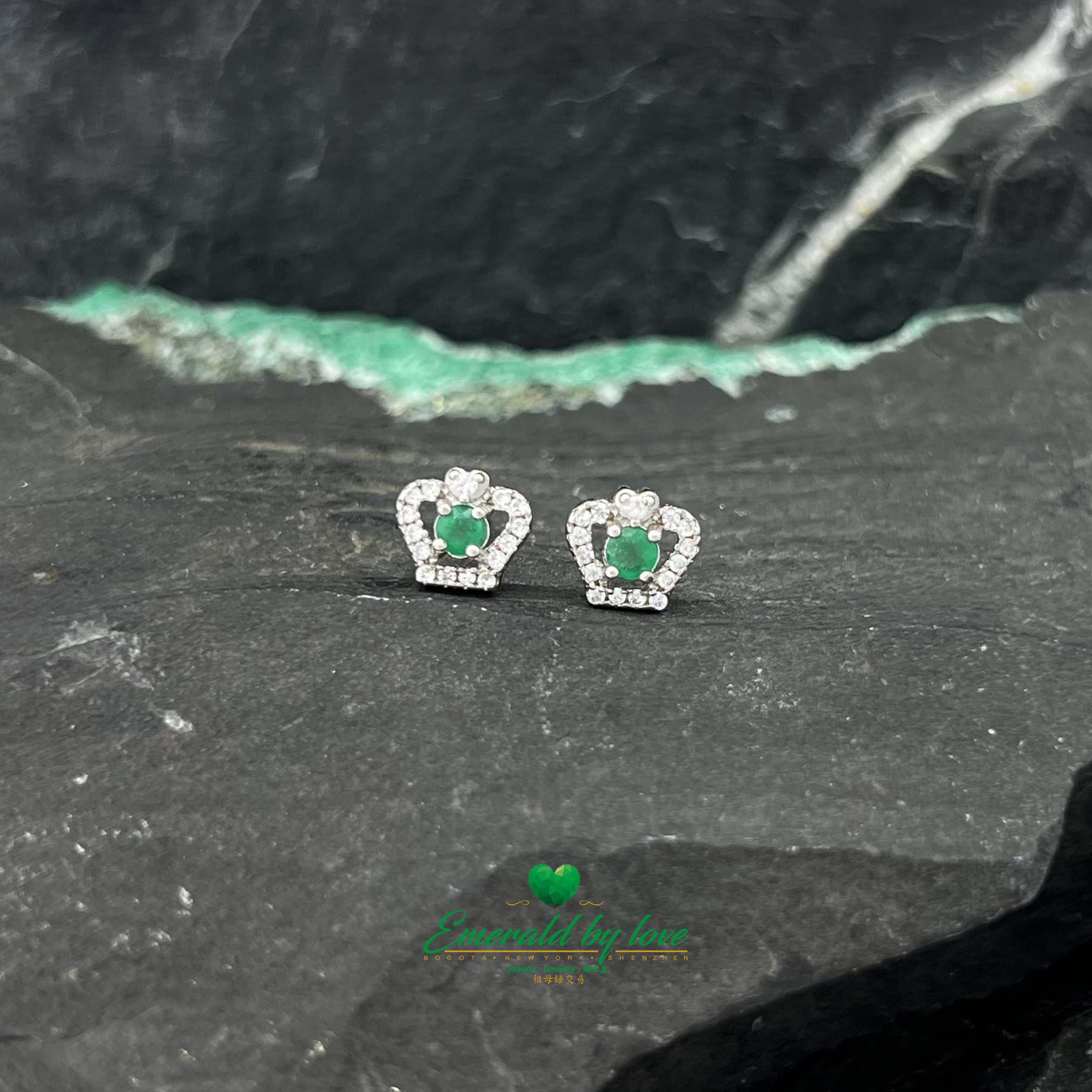 Sterling Silver Crown Earrings with Central Round Colombian Emeralds