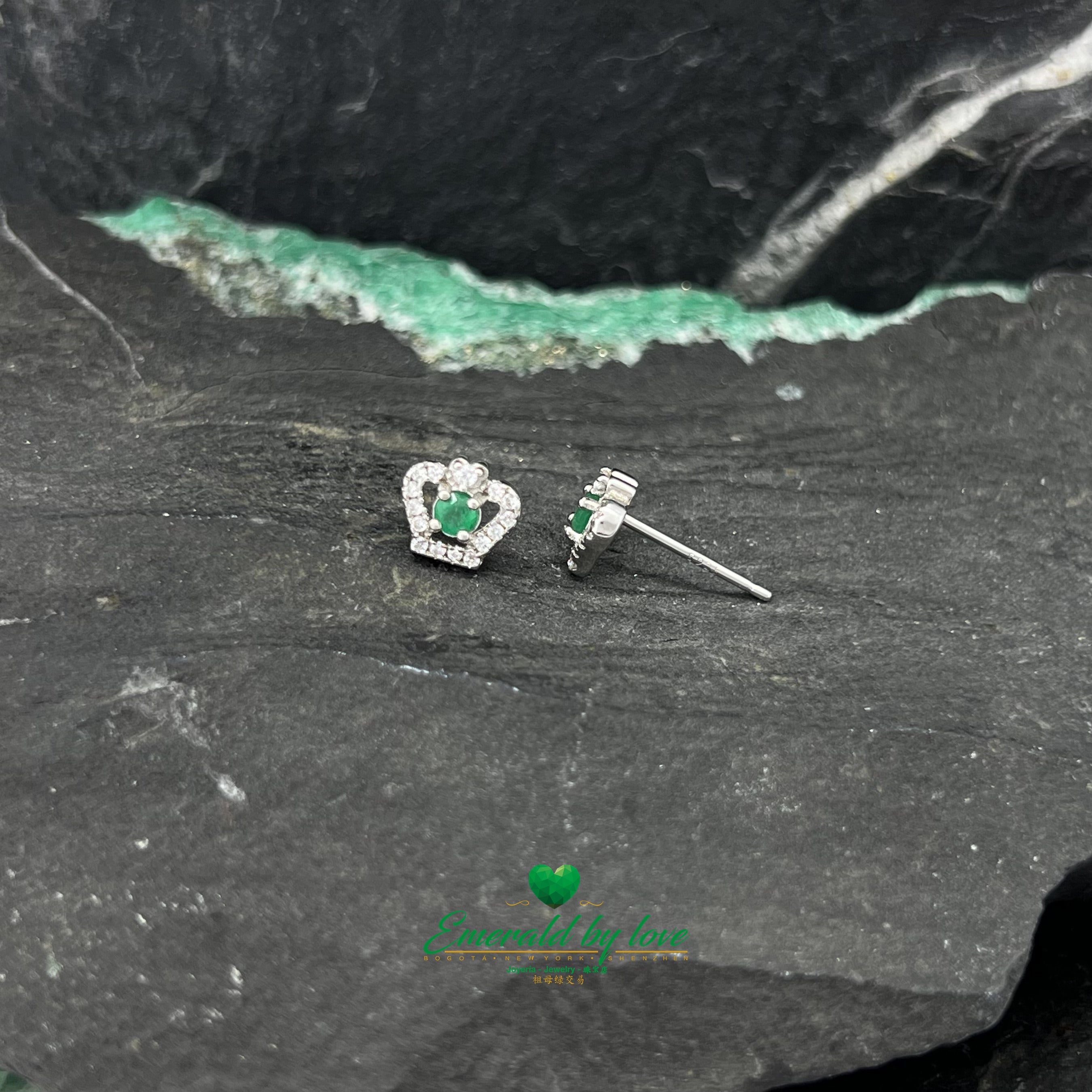 Sterling Silver Crown Earrings with Central Round Colombian Emeralds