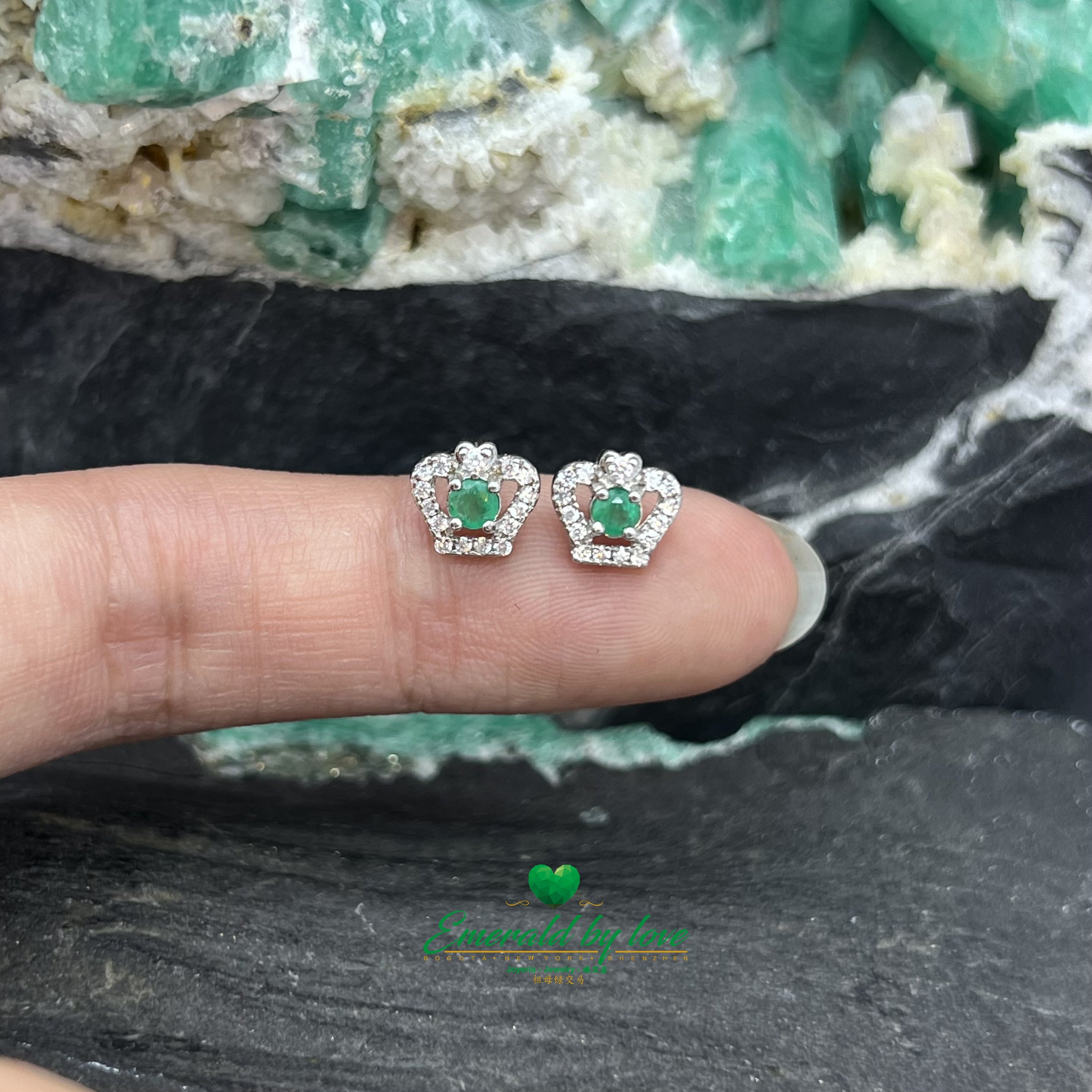 Sterling Silver Crown Earrings with Central Round Colombian Emeralds