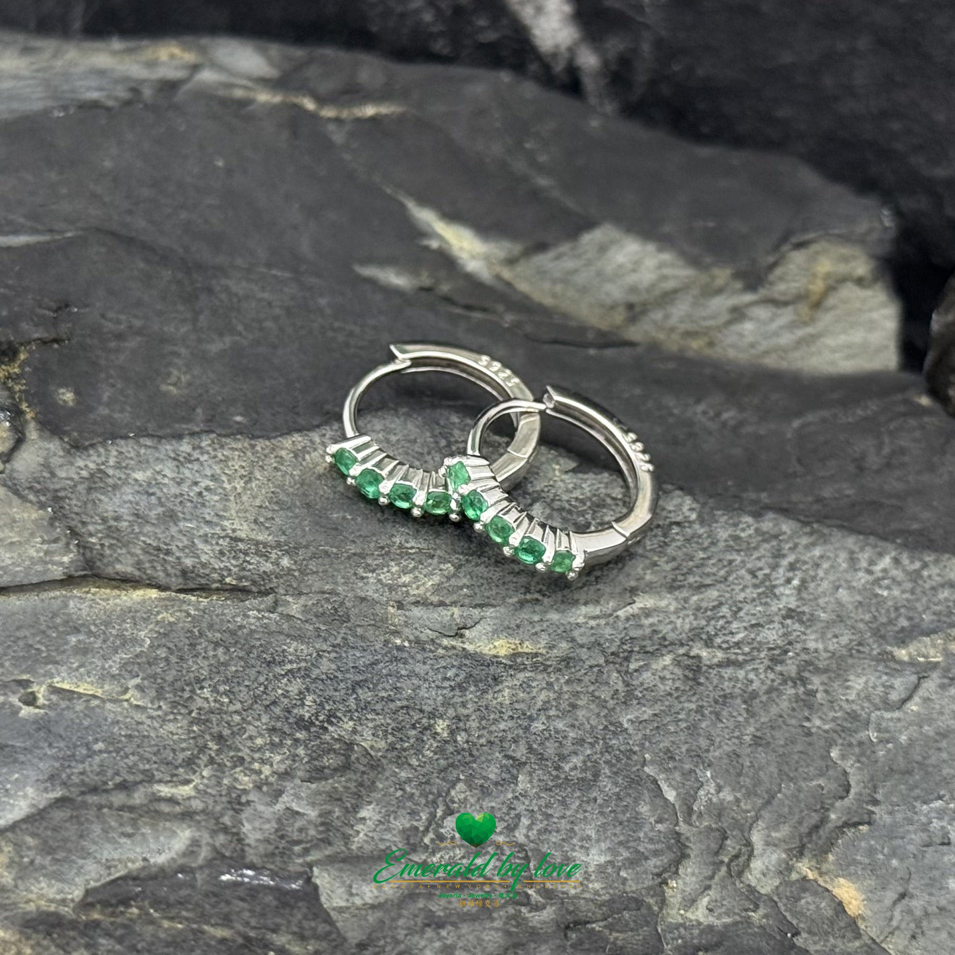 Small 925 Sterling Silver Hoops with Round Colombian Emeralds