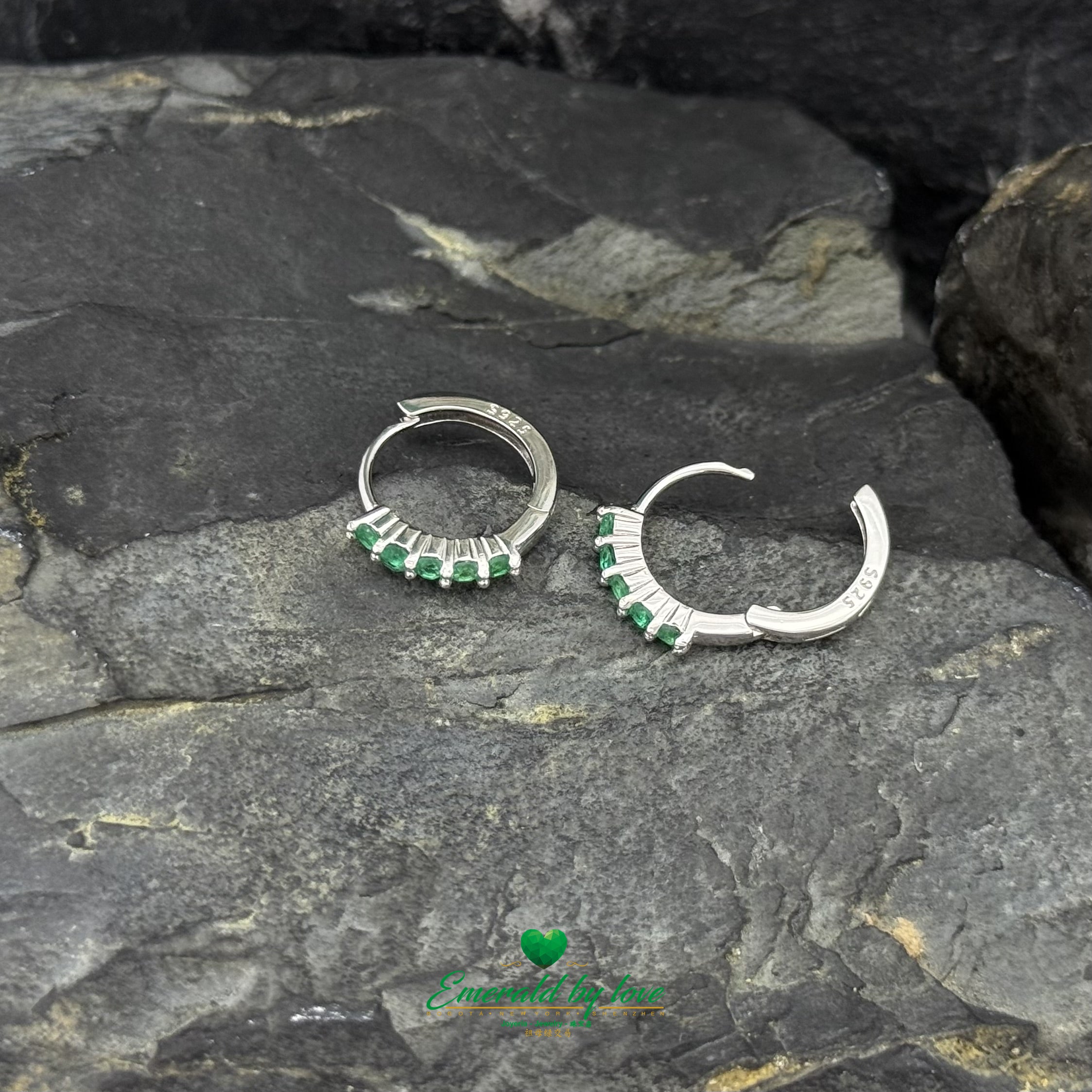 Small 925 Sterling Silver Hoops with Round Colombian Emeralds