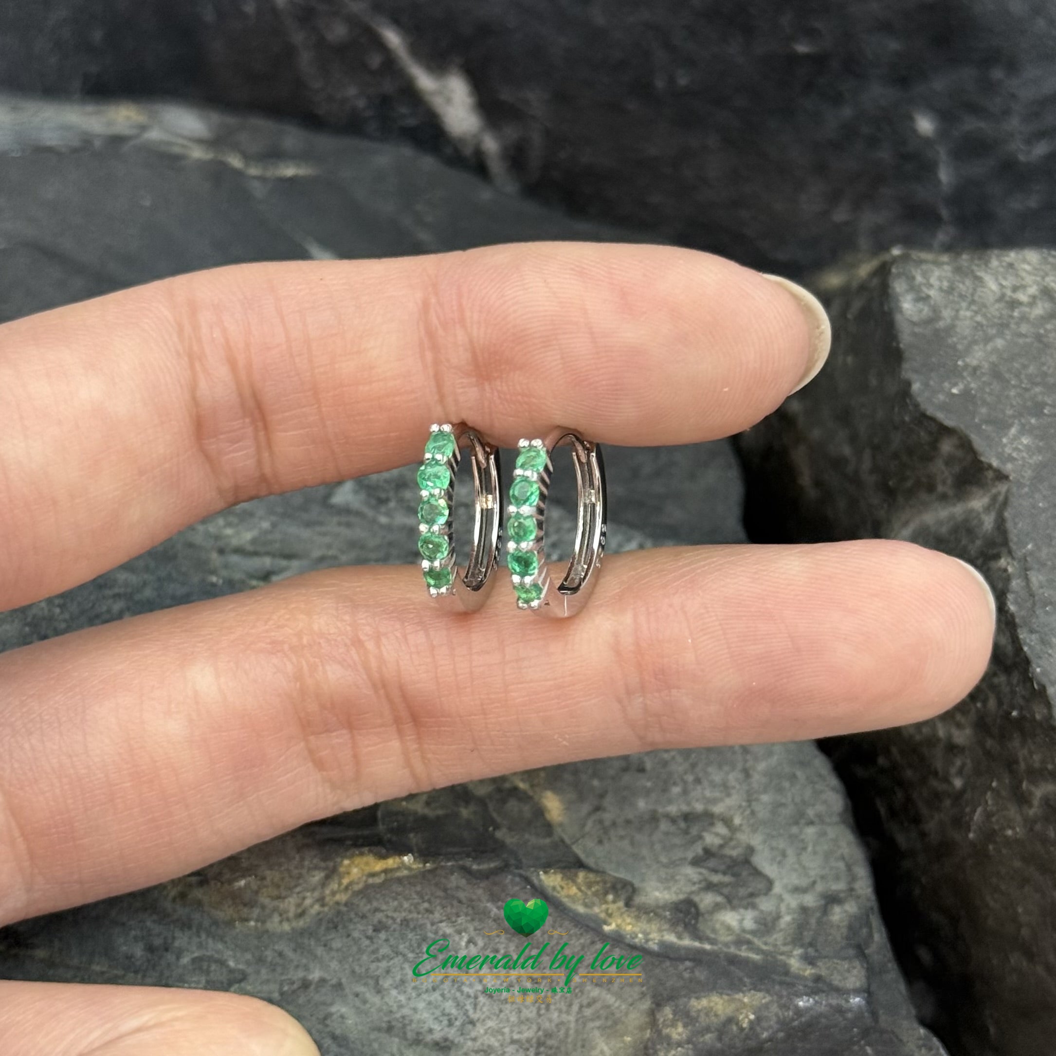 Small 925 Sterling Silver Hoops with Round Colombian Emeralds