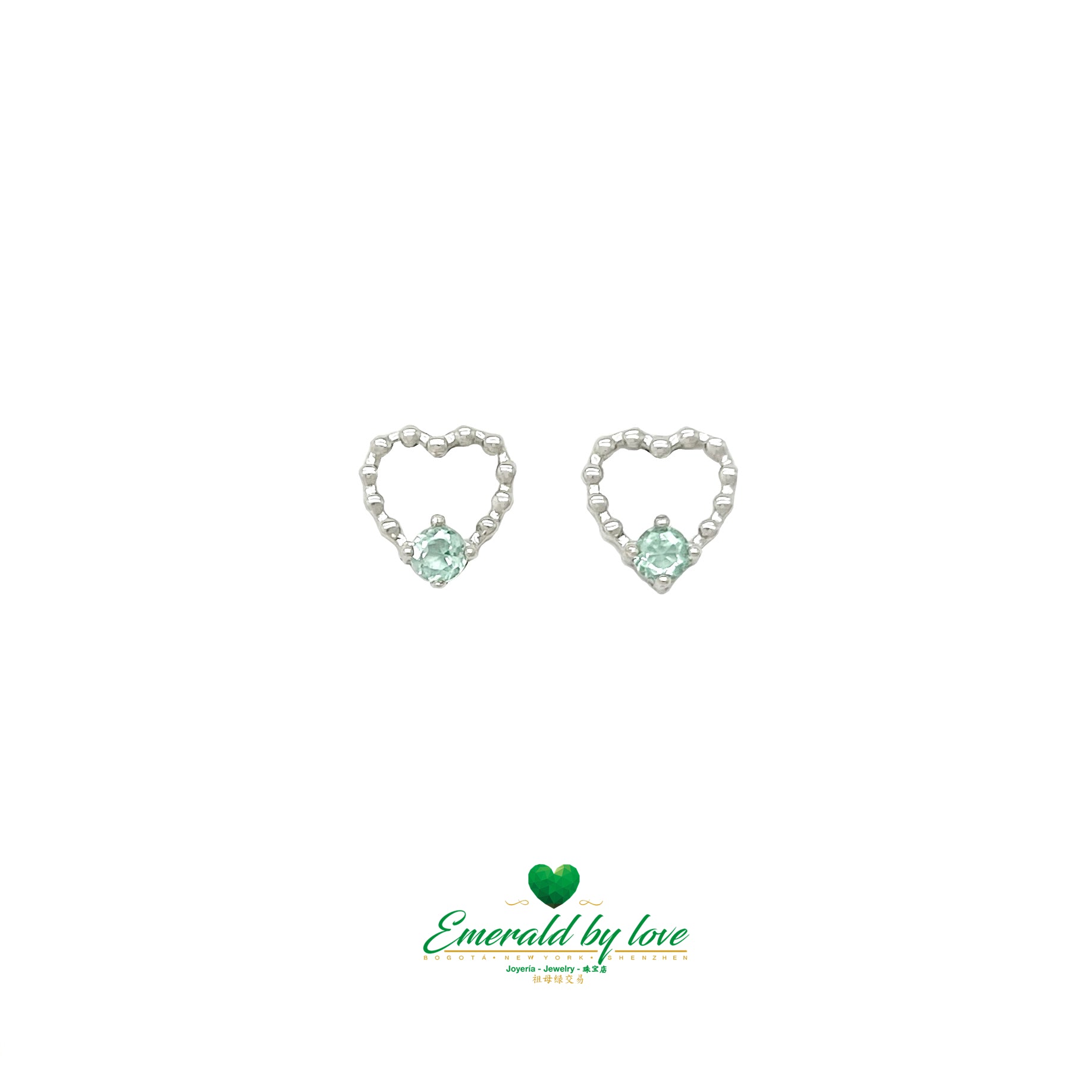 Open Heart Sterling Silver Earrings with Round Crystal Emeralds