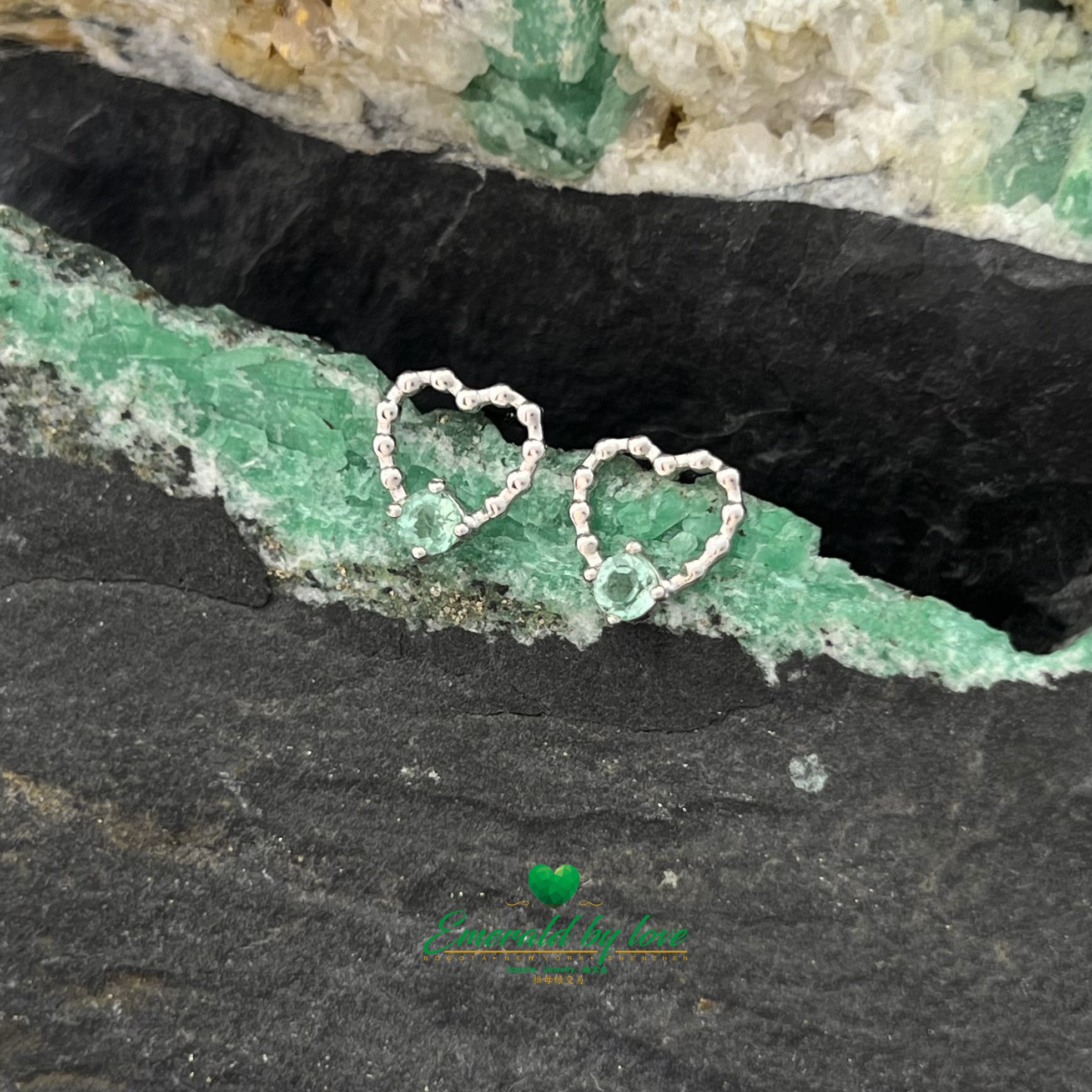 Open Heart Sterling Silver Earrings with Round Crystal Emeralds