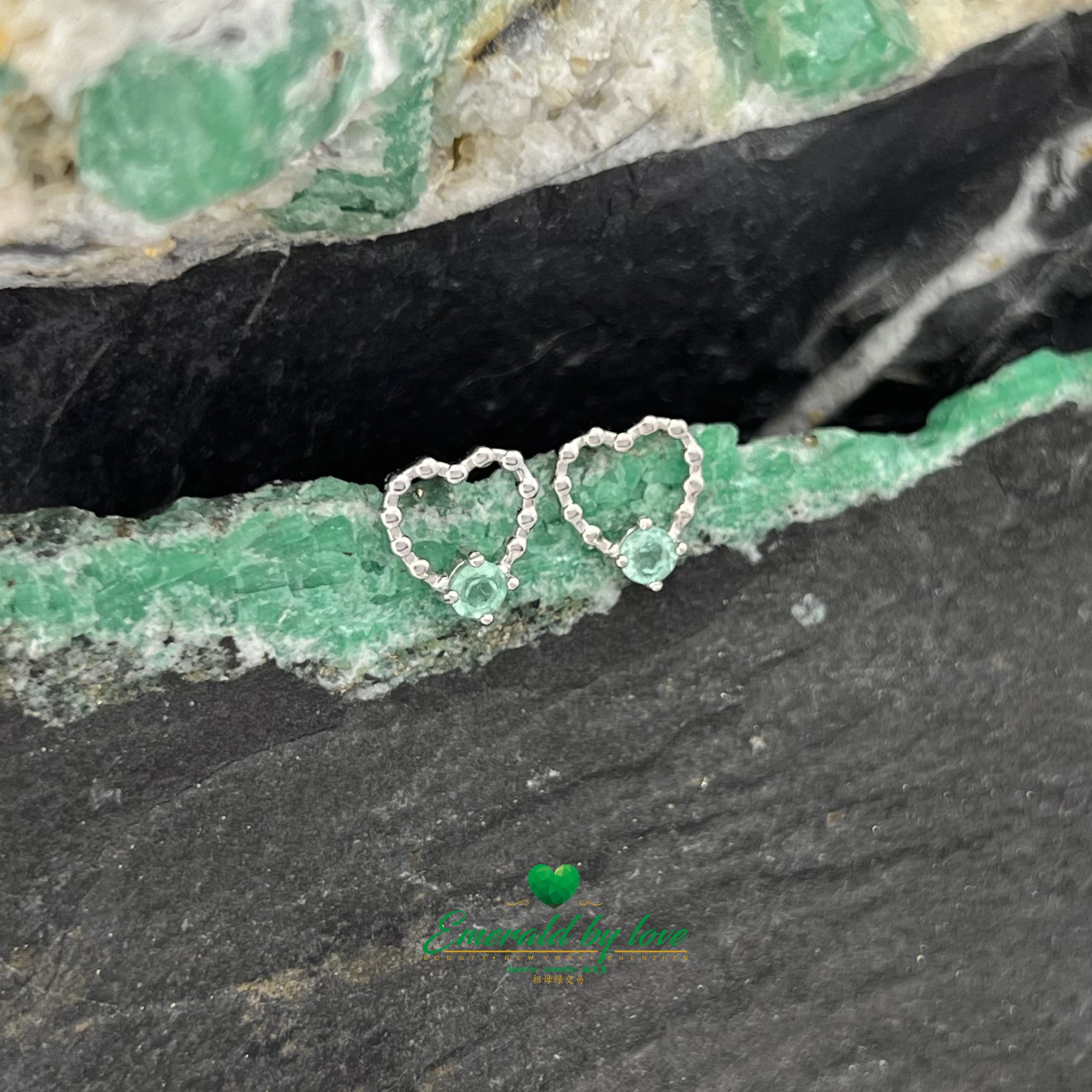 Open Heart Sterling Silver Earrings with Round Crystal Emeralds