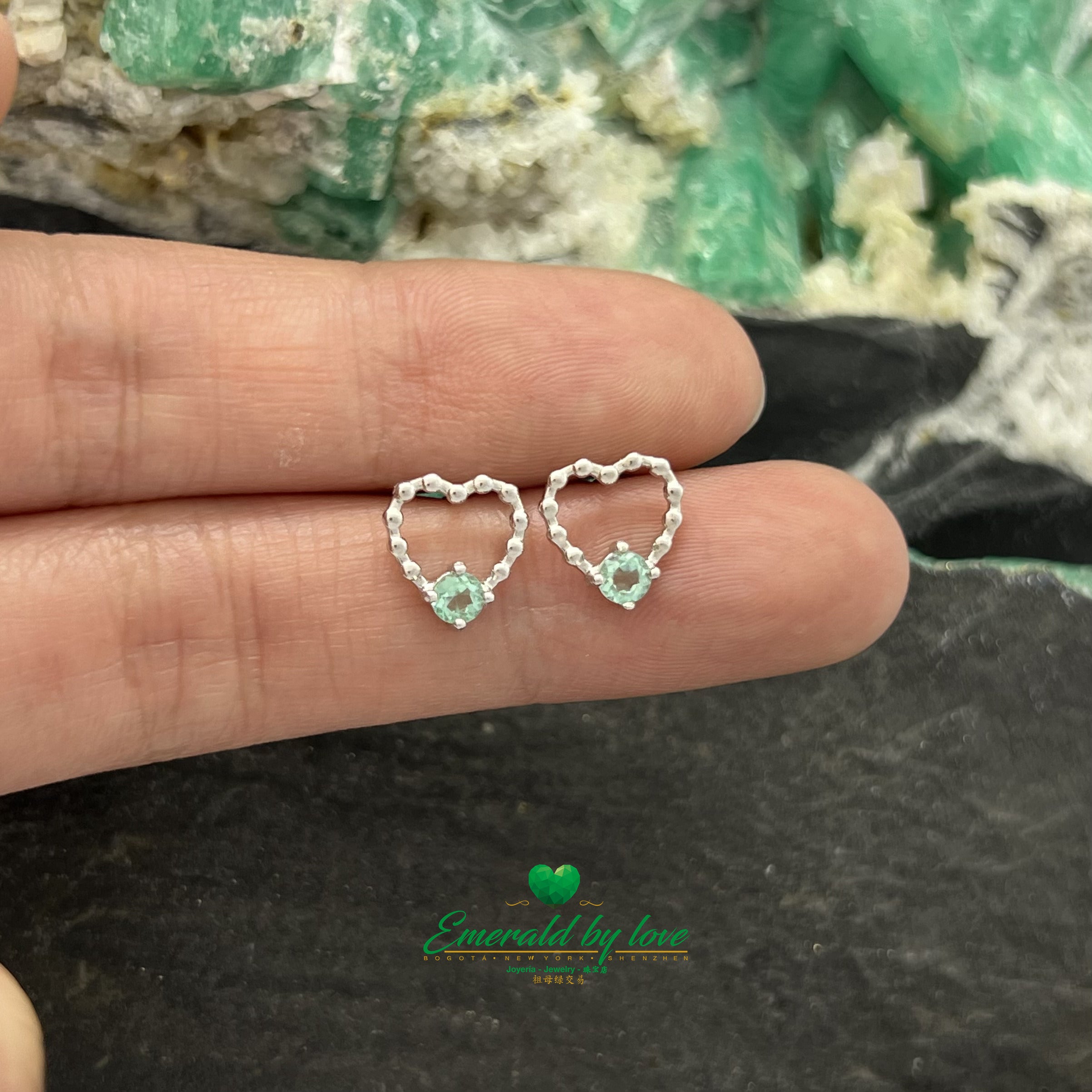 Open Heart Sterling Silver Earrings with Round Crystal Emeralds