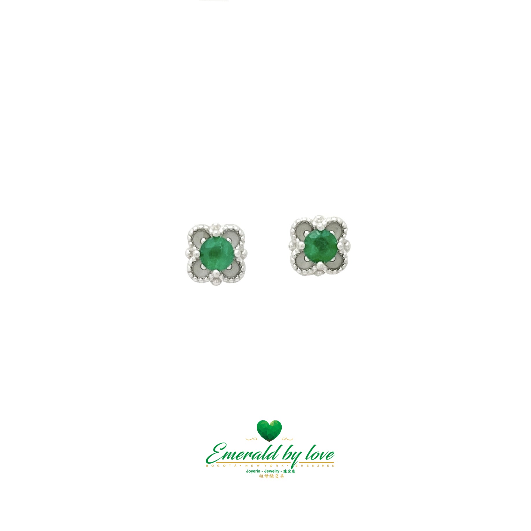 Tiny Four-Petal Flower Earrings with Central Emerald