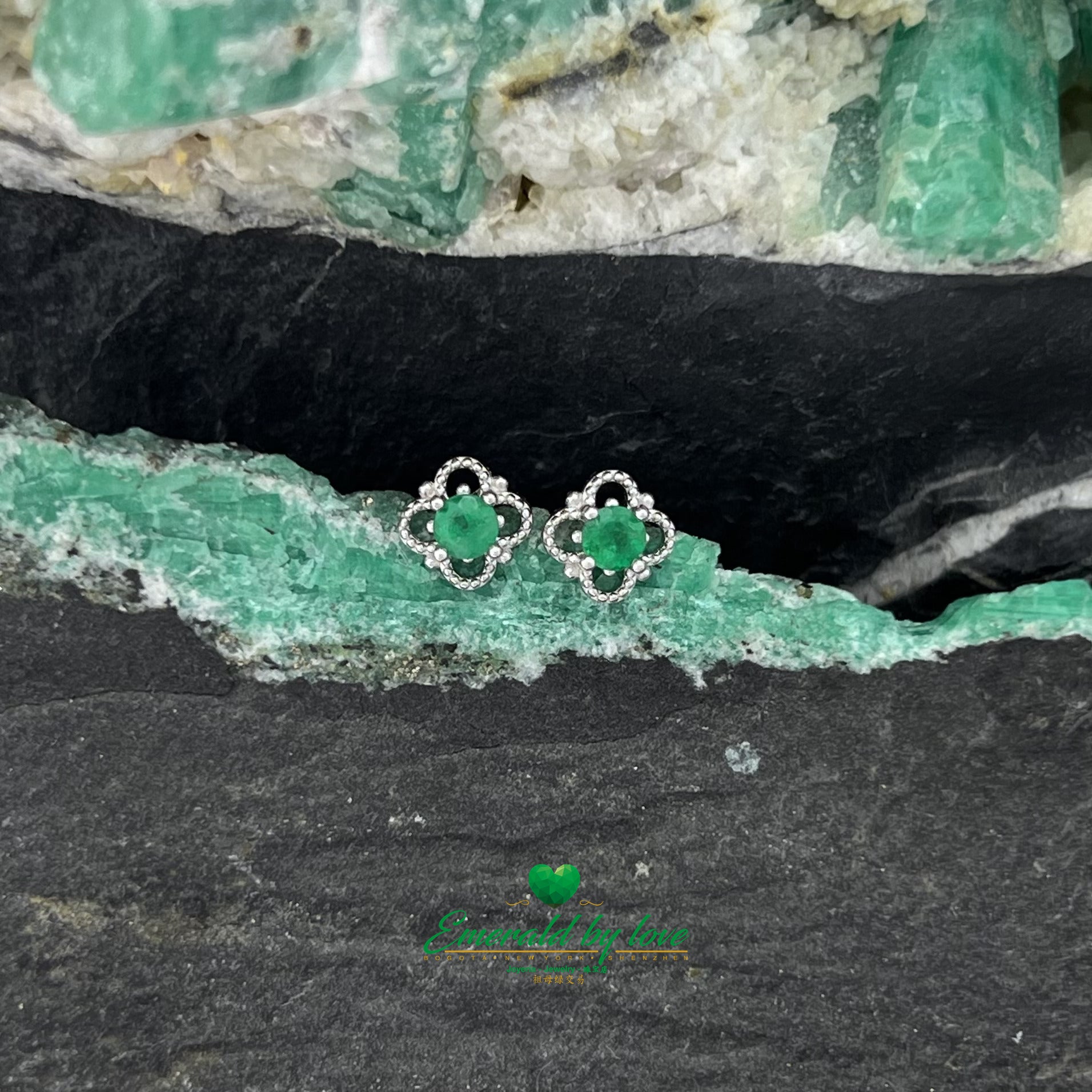 Tiny Four-Petal Flower Earrings with Central Emerald