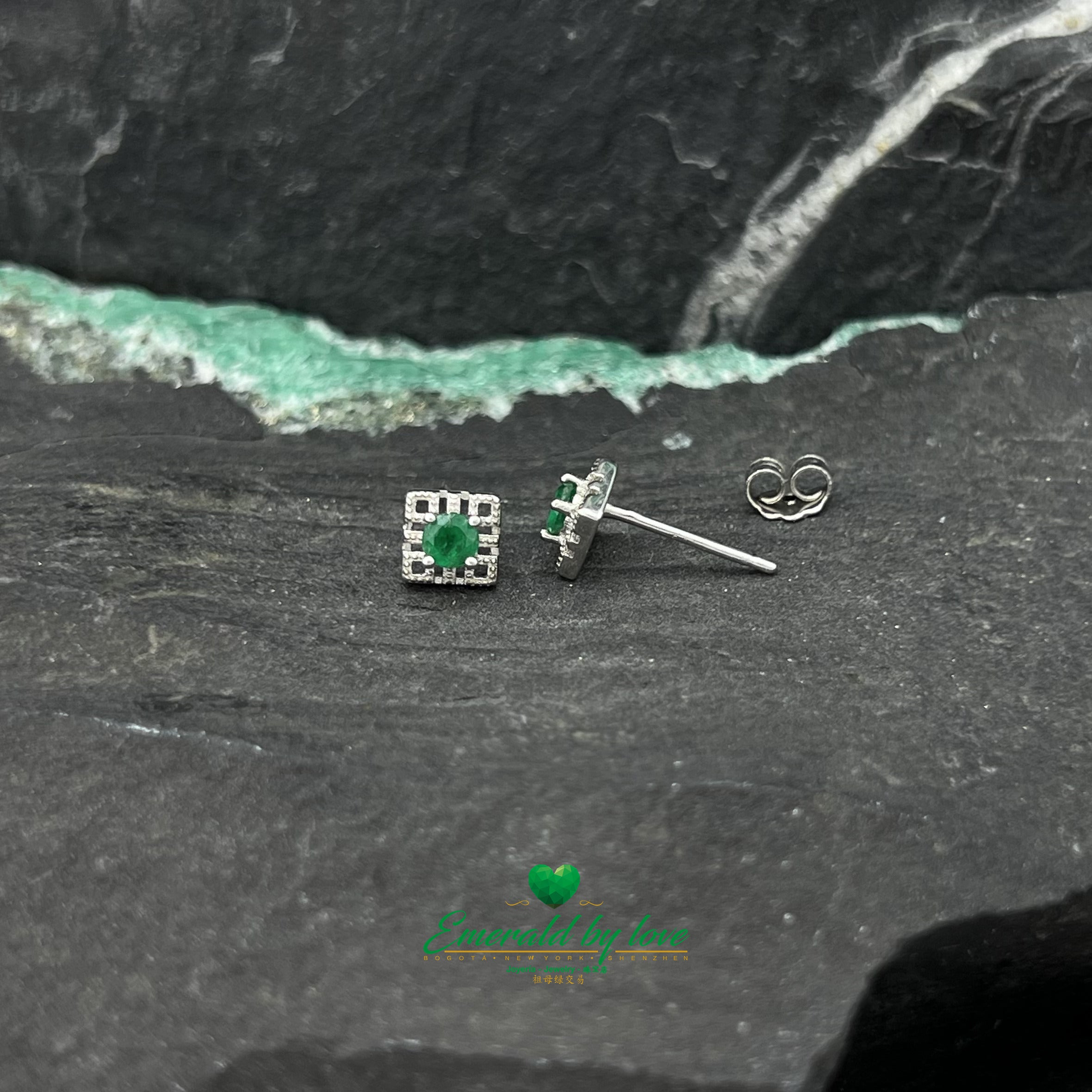 Small Square Sterling Silver Studs with Central Round Emeralds