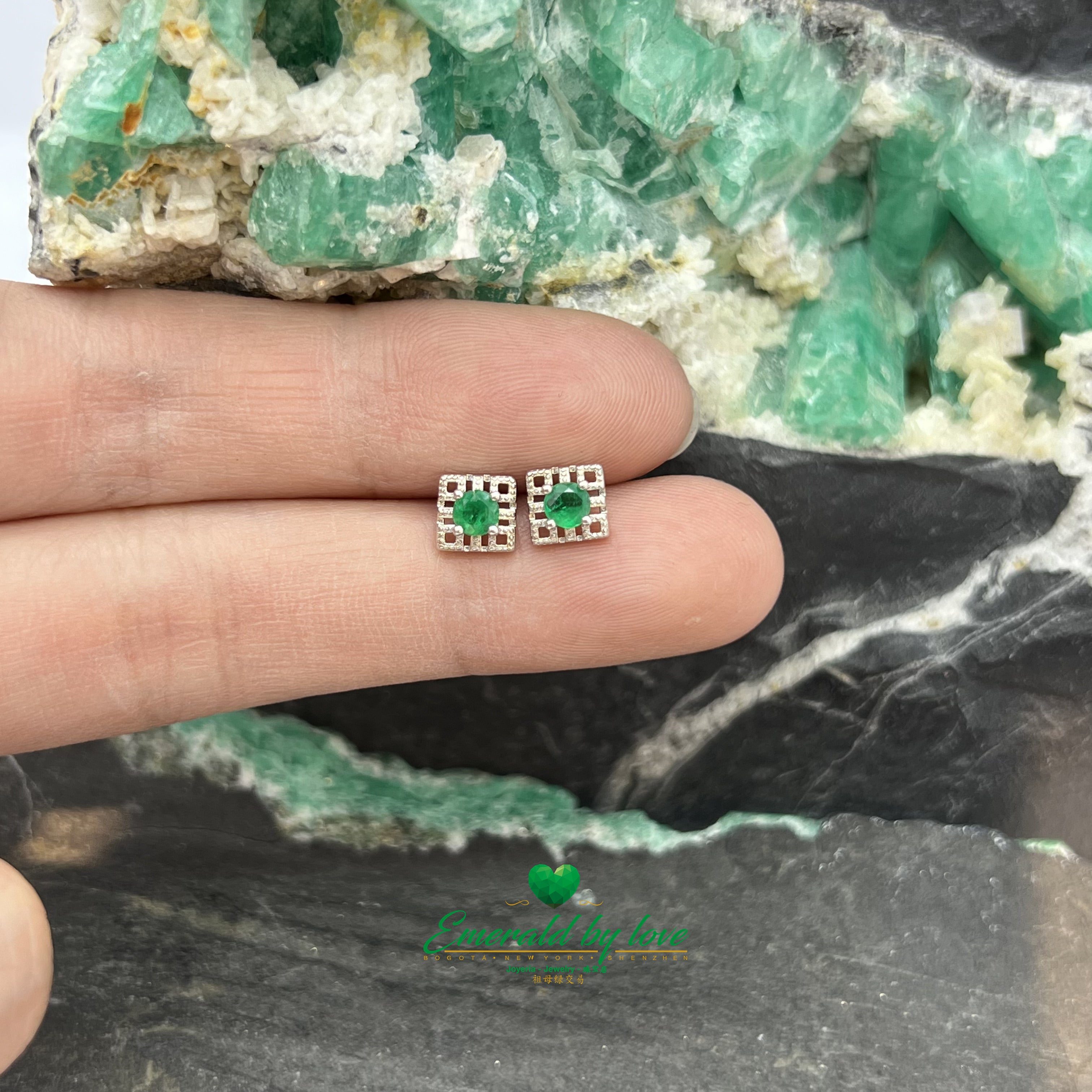 Small Square Sterling Silver Studs with Central Round Emeralds