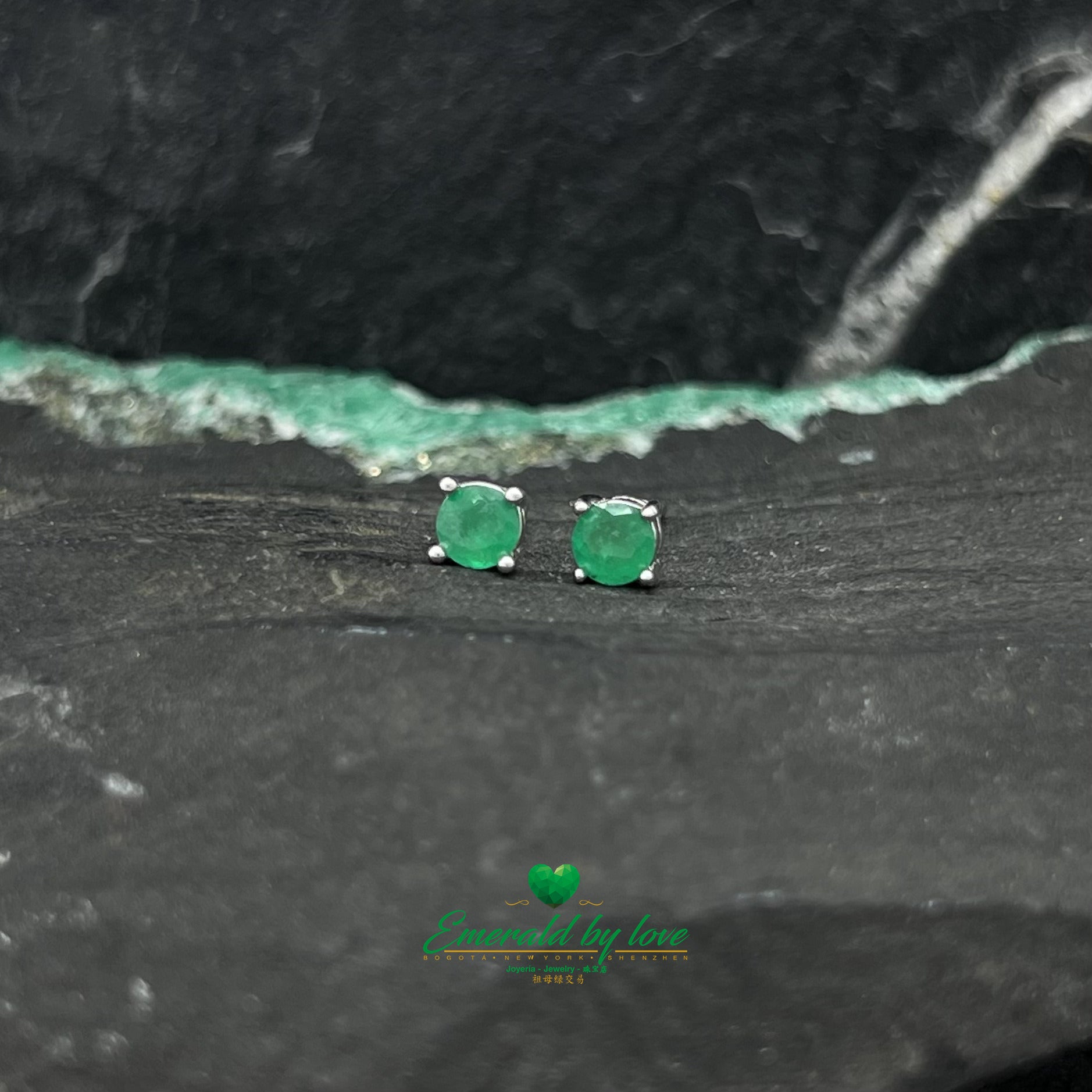 Simple Sterling Silver Studs with Round Emerald in Four-Prong Setting