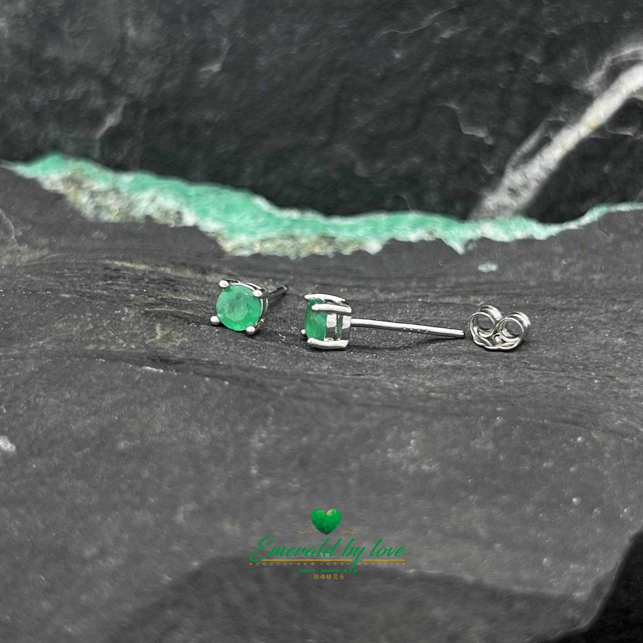 Simple Sterling Silver Studs with Round Emerald in Four-Prong Setting