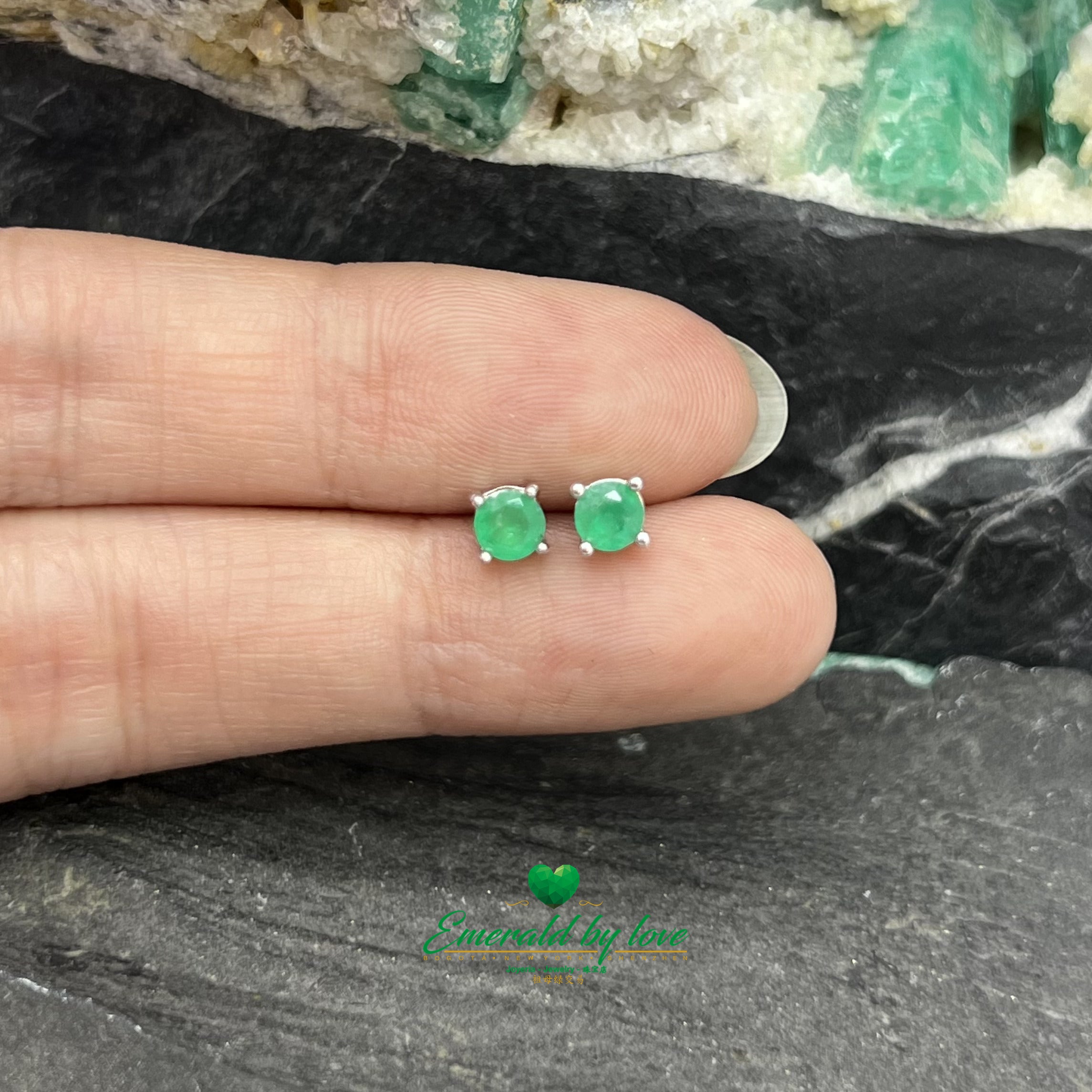 Simple Sterling Silver Studs with Round Emerald in Four-Prong Setting