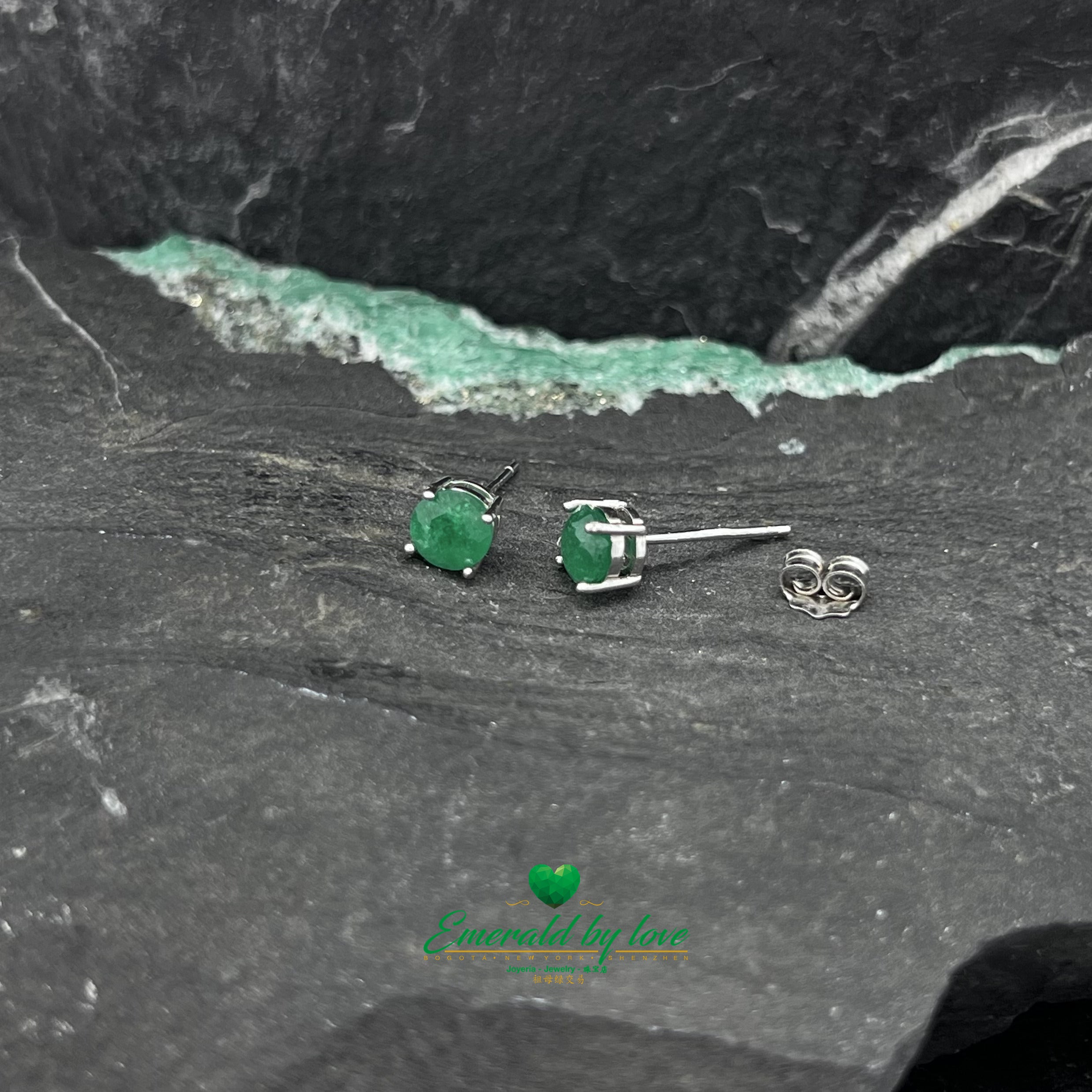 Medium Sterling Silver Studs with Round Emerald in Four-Prong Setting