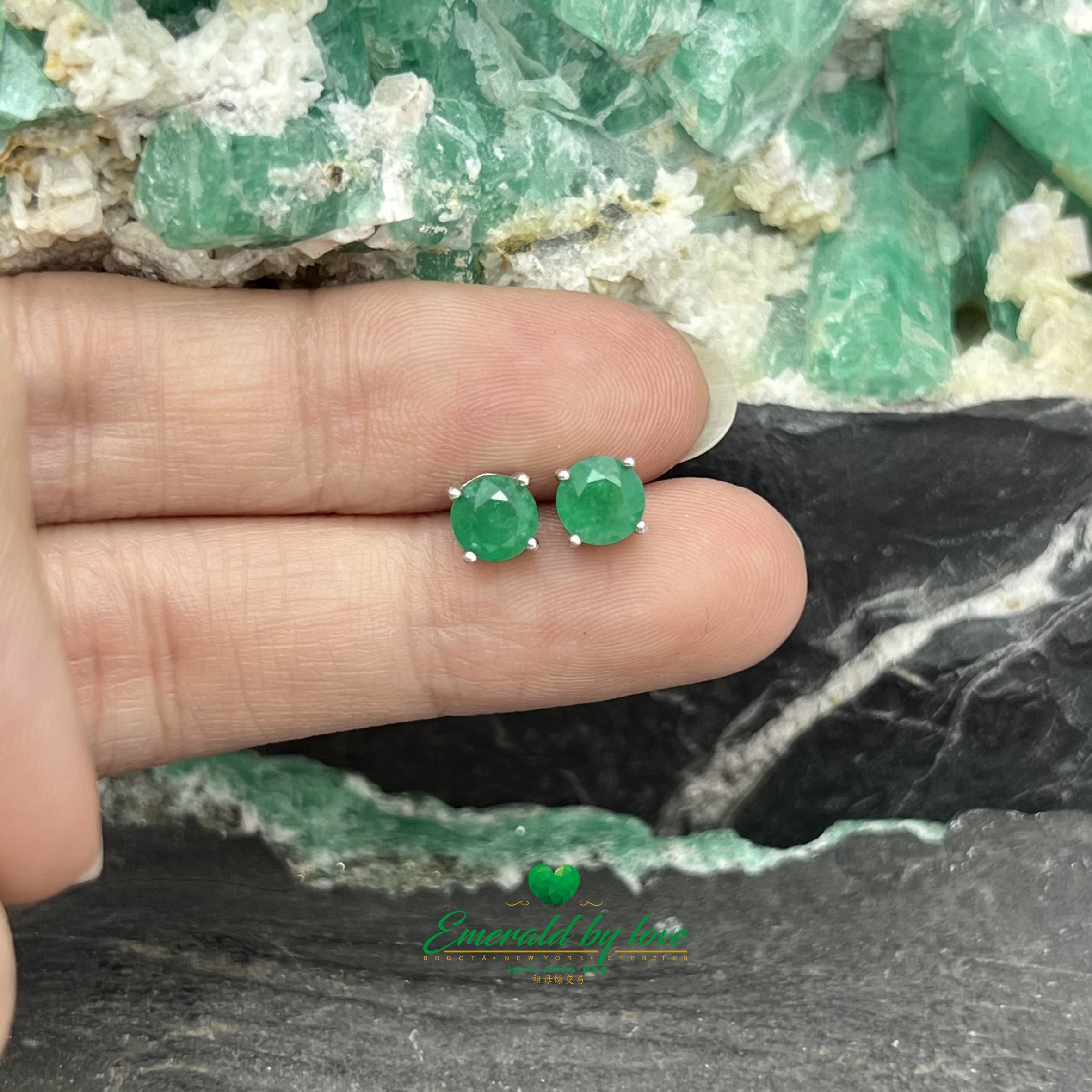 Medium Sterling Silver Studs with Round Emerald in Four-Prong Setting