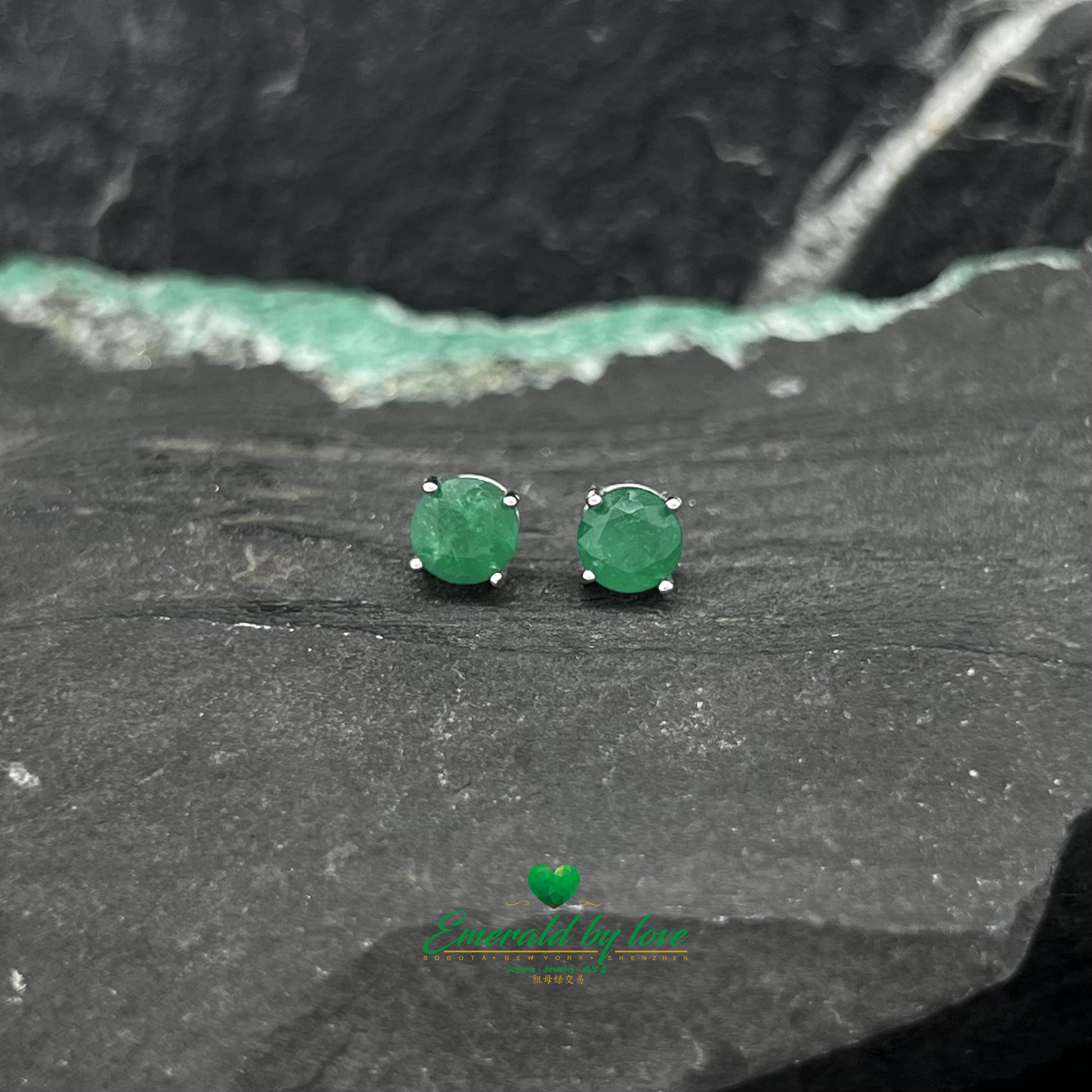 Medium Sterling Silver Studs with Round Emerald in Four-Prong Setting