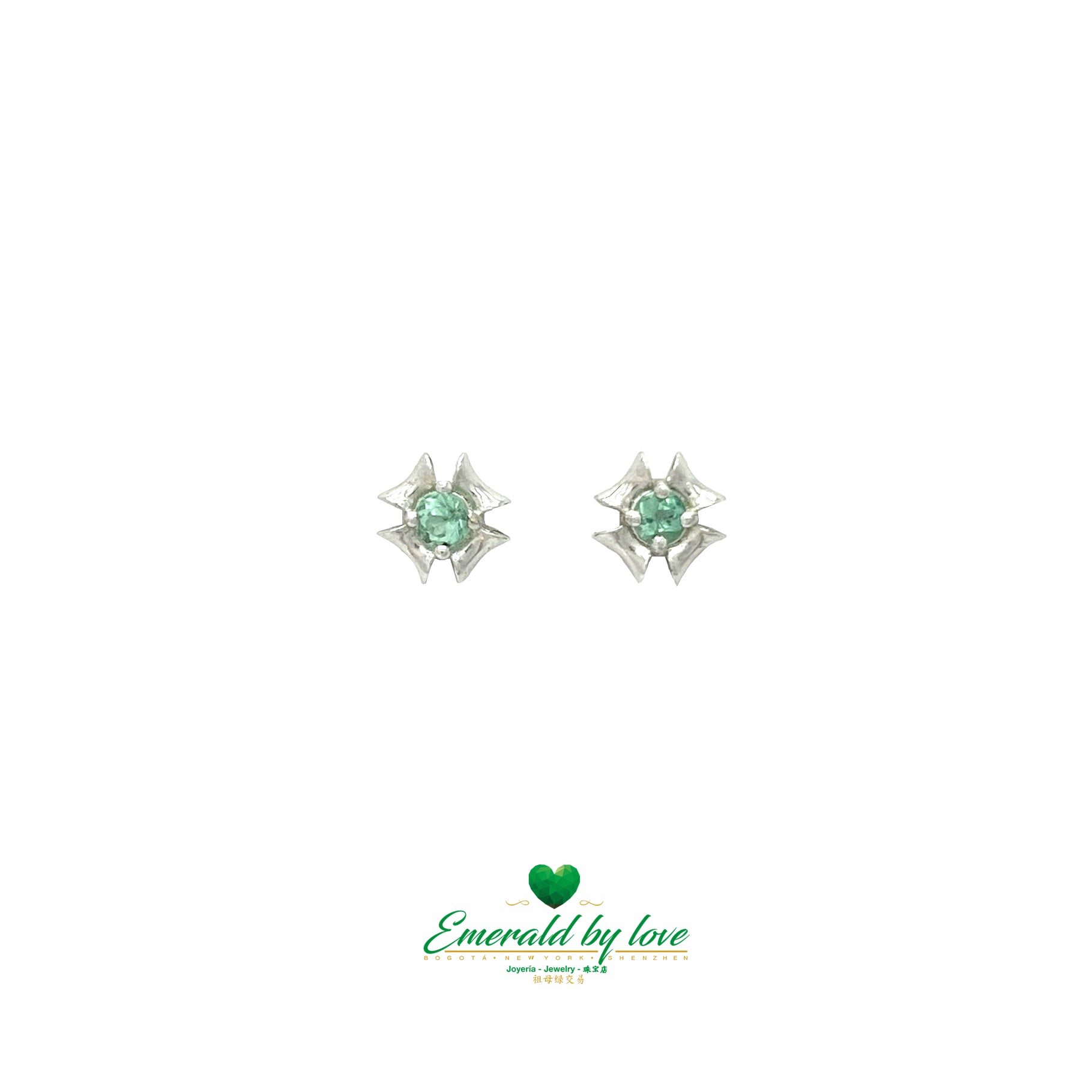 Flower-Shaped Earrings with Flat Four Corners and Central Crystal Emerald