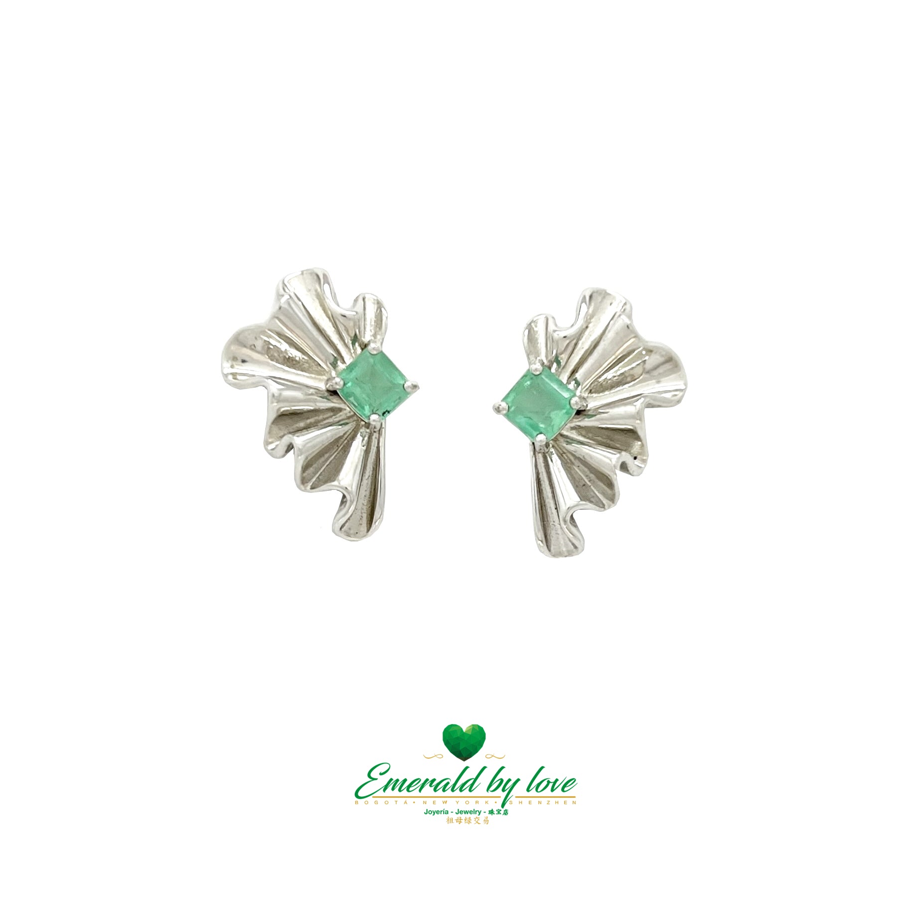 Avant-Garde Earrings with Square Emeralds and Silver Wings