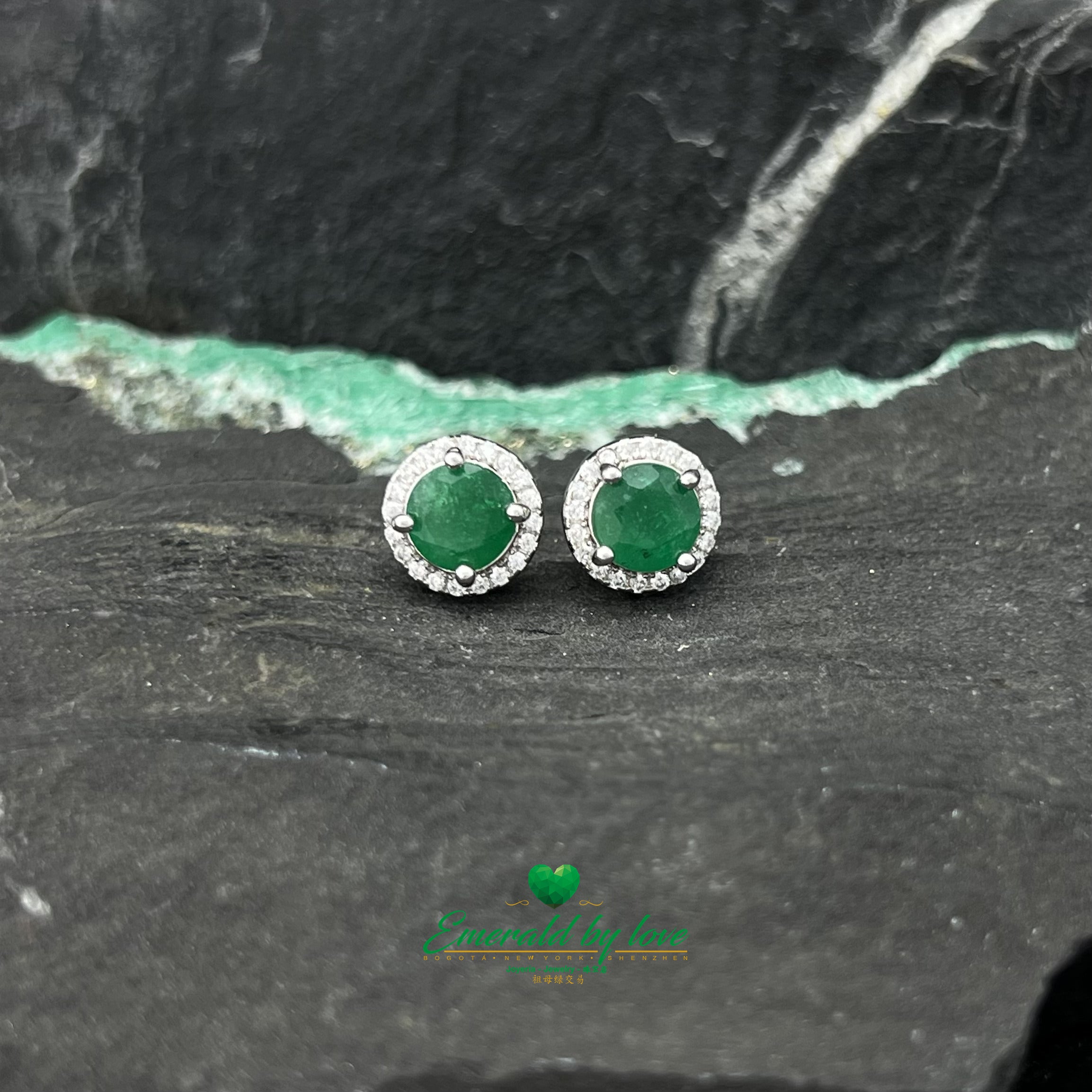 Small Marquise-Style Earrings with Round Emerald Center Surrounded by Cubic Zirconia