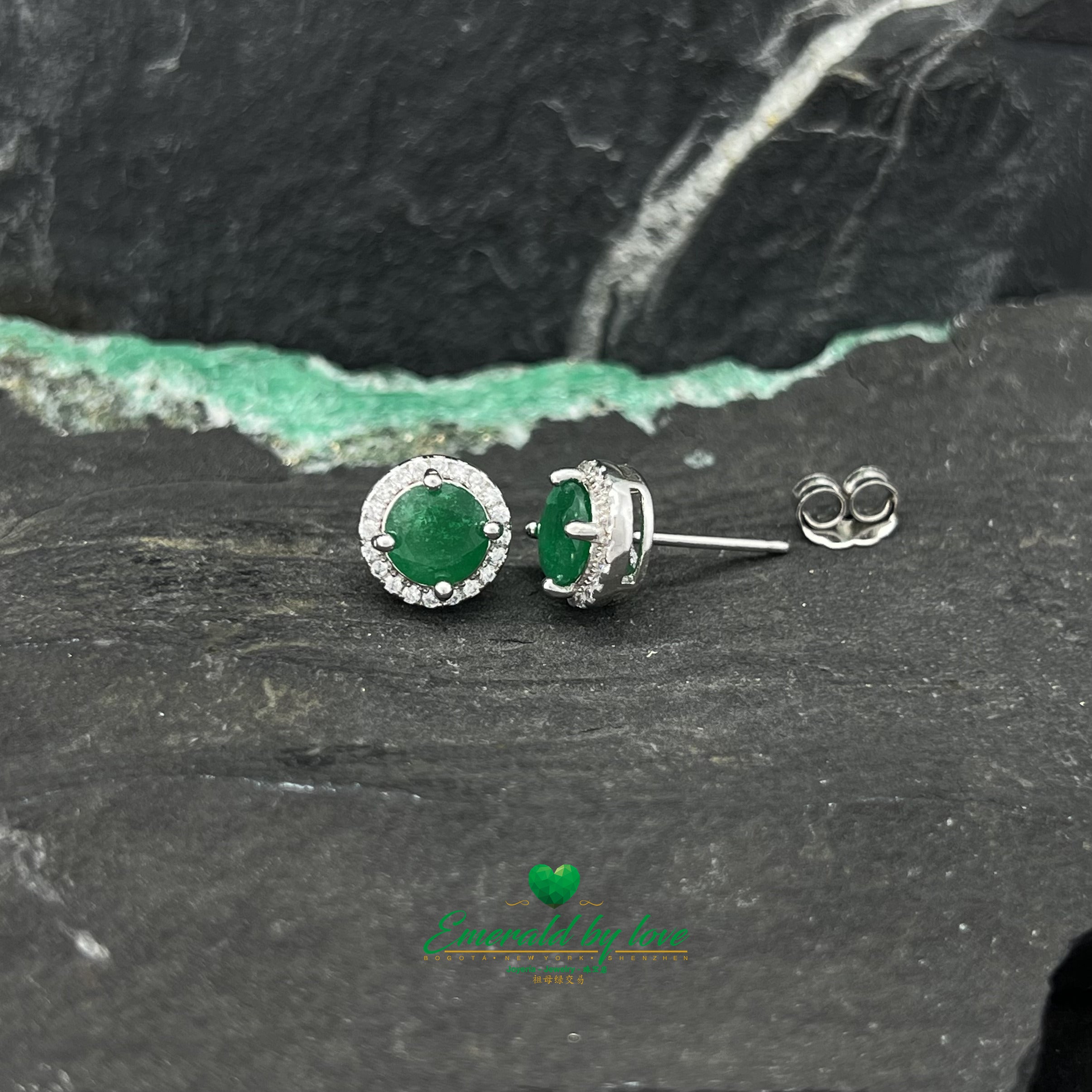 Small Marquise-Style Earrings with Round Emerald Center Surrounded by Cubic Zirconia