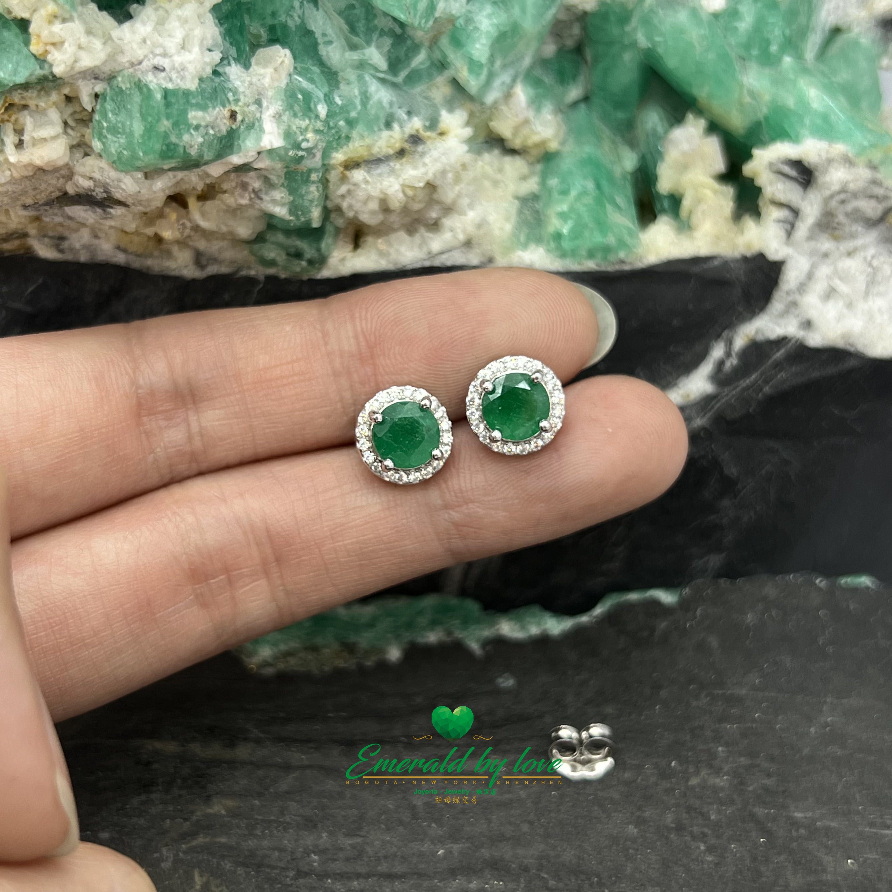 Small Marquise-Style Earrings with Round Emerald Center Surrounded by Cubic Zirconia