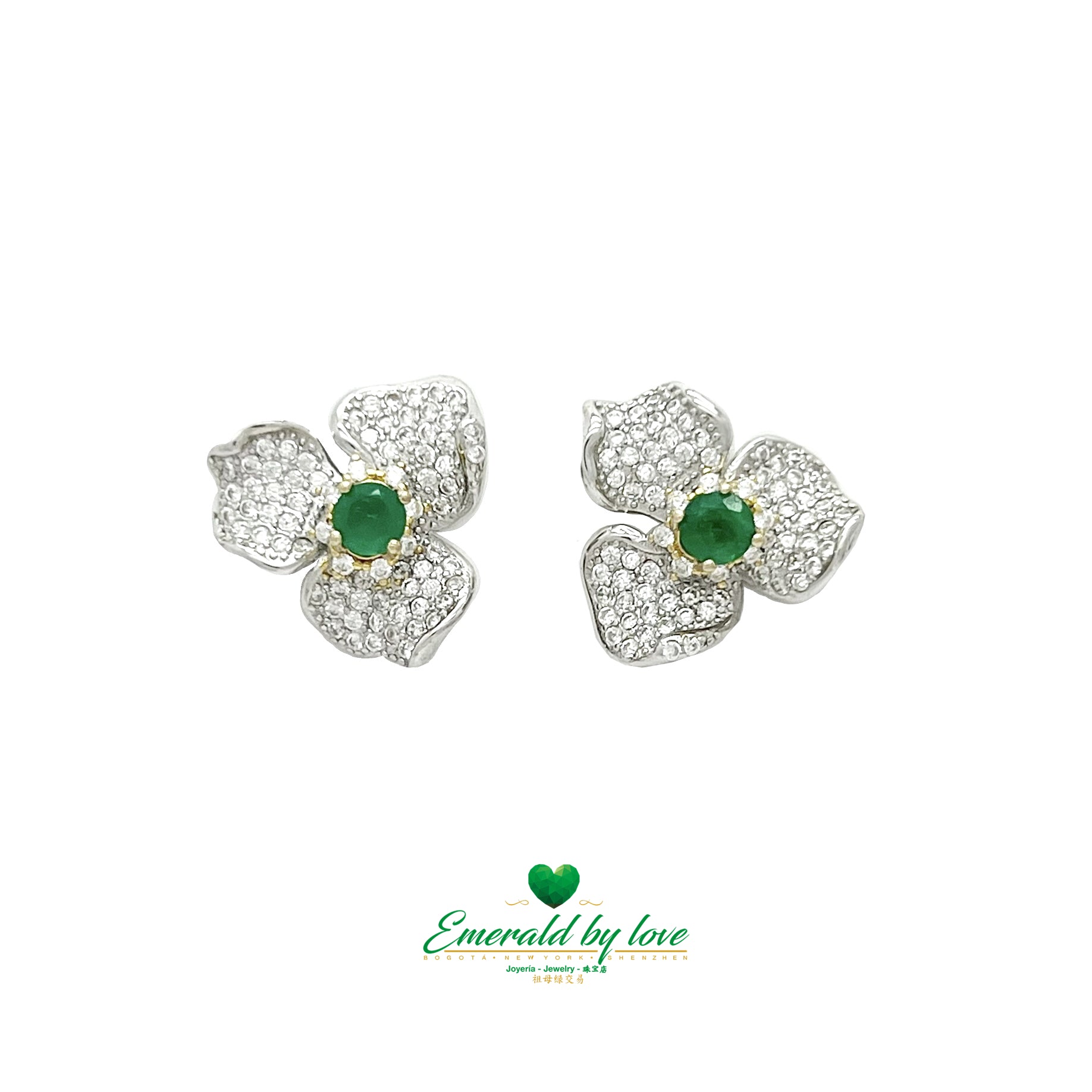 Beautiful Colombian Orchid Earrings in Silver with Round Emerald Centers and Zircon Petals