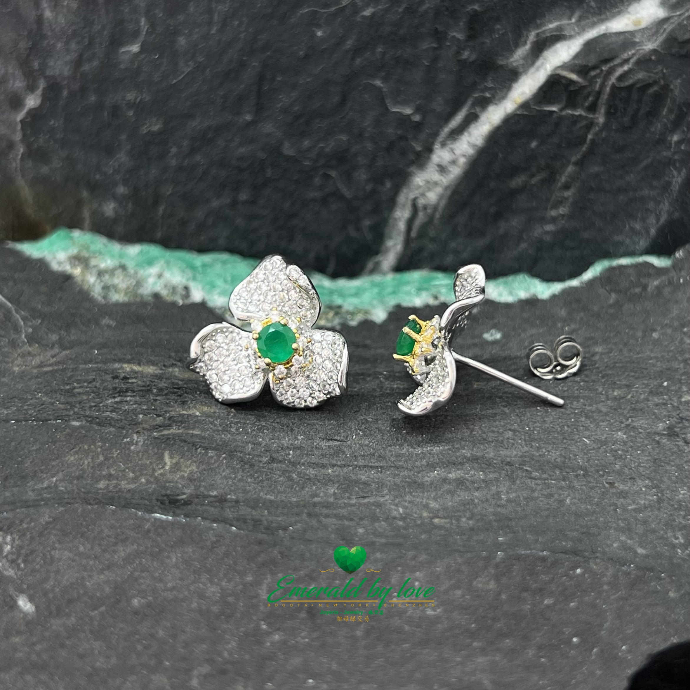 Beautiful Colombian Orchid Earrings in Silver with Round Emerald Centers and Zircon Petals