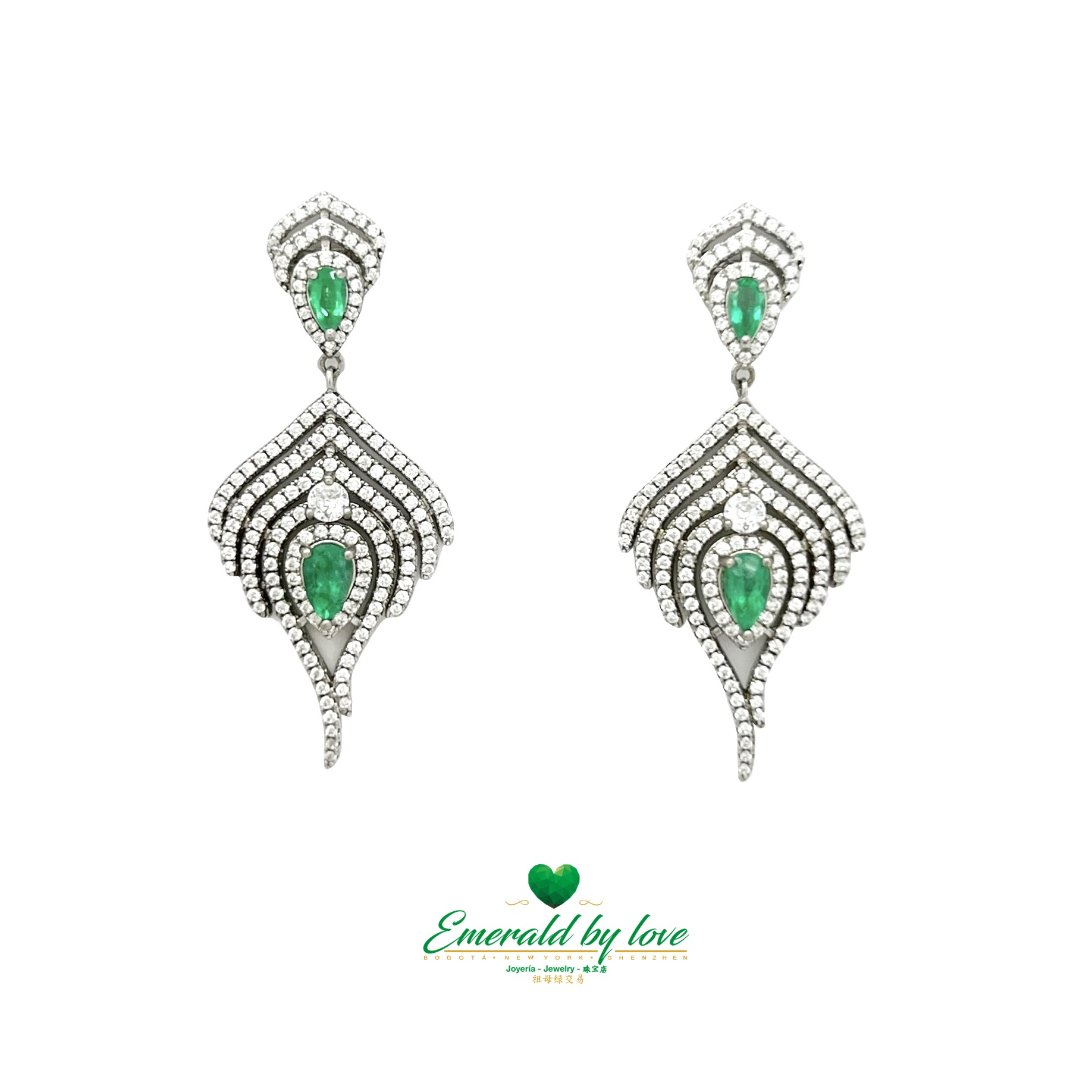 Majestic Long Silver Earrings with Teardrop Emeralds Surrounded by Cascading Zircon Brilliance